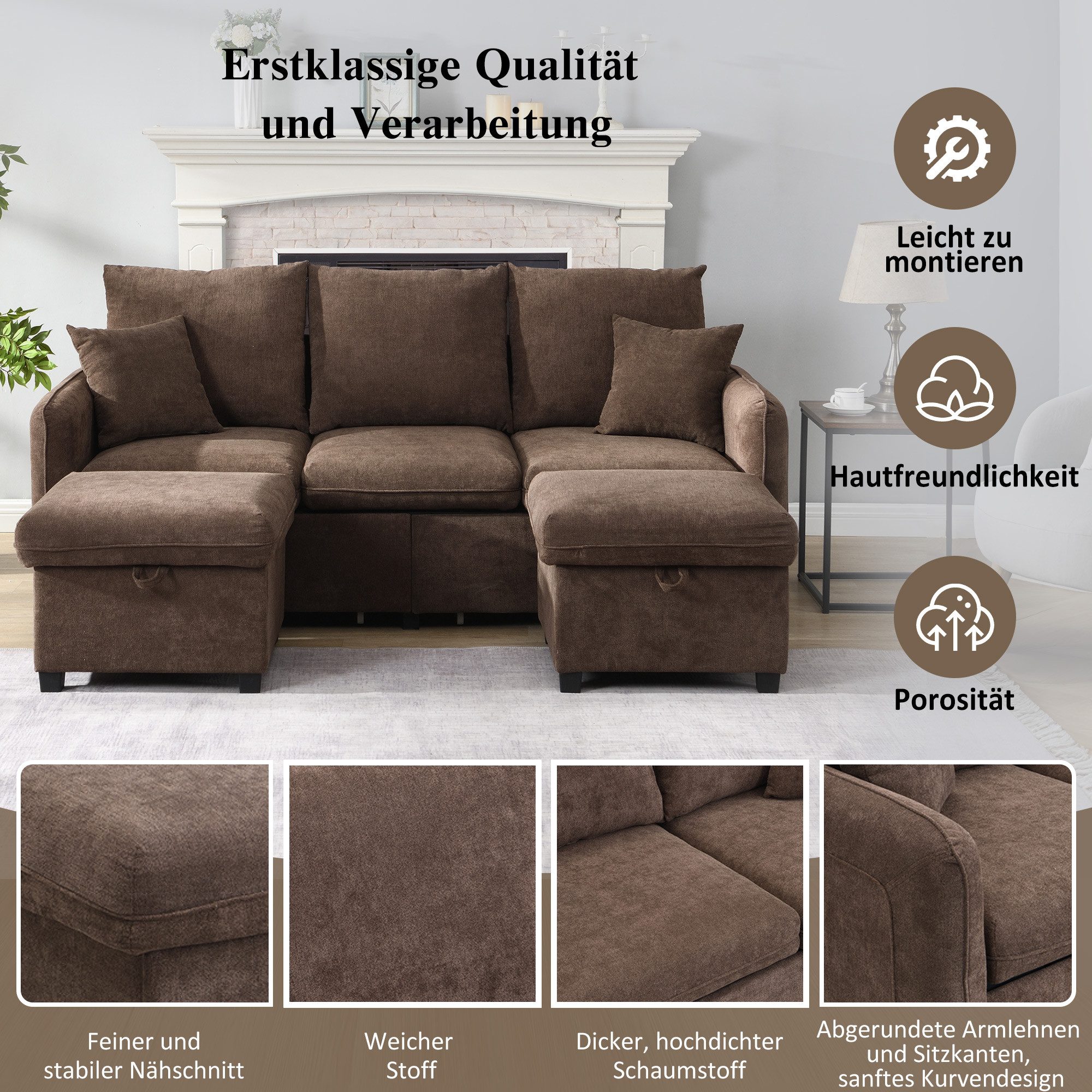 Merax Ecksofa U-förmiges Schlafsofa mit Staufunktion, Tagesbett Sofa Wohnzimmersofa aus Chenille-Bezug 1 Teile, 3-Sitzer-Ecksofa mit 2 Schubladen & 2 Hocker mit Stauraum, Polstersofa