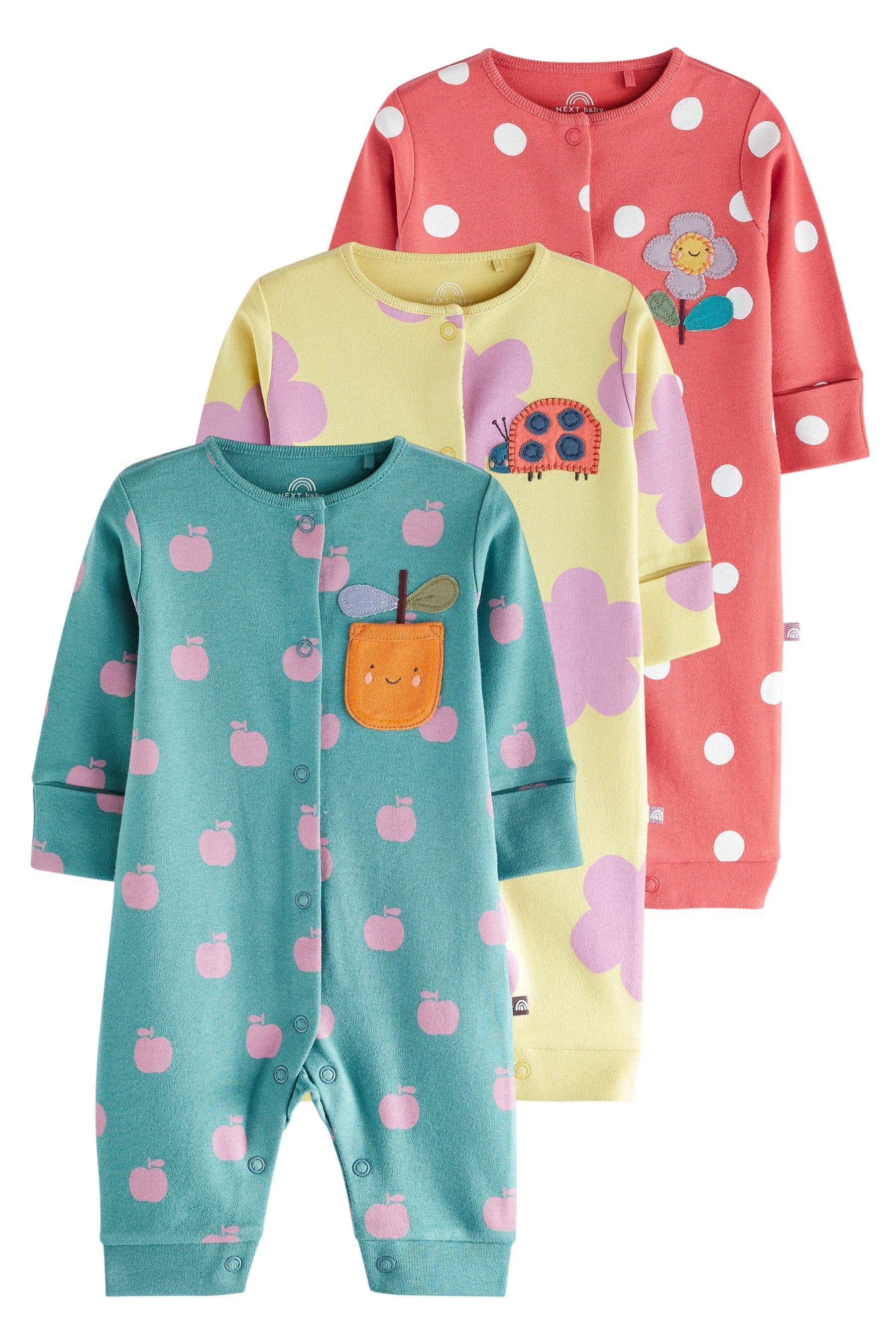 Next Schlafoverall Gerippte Babyschlafanzüge ohne Fuß, 3er-Pack (3-tlg)