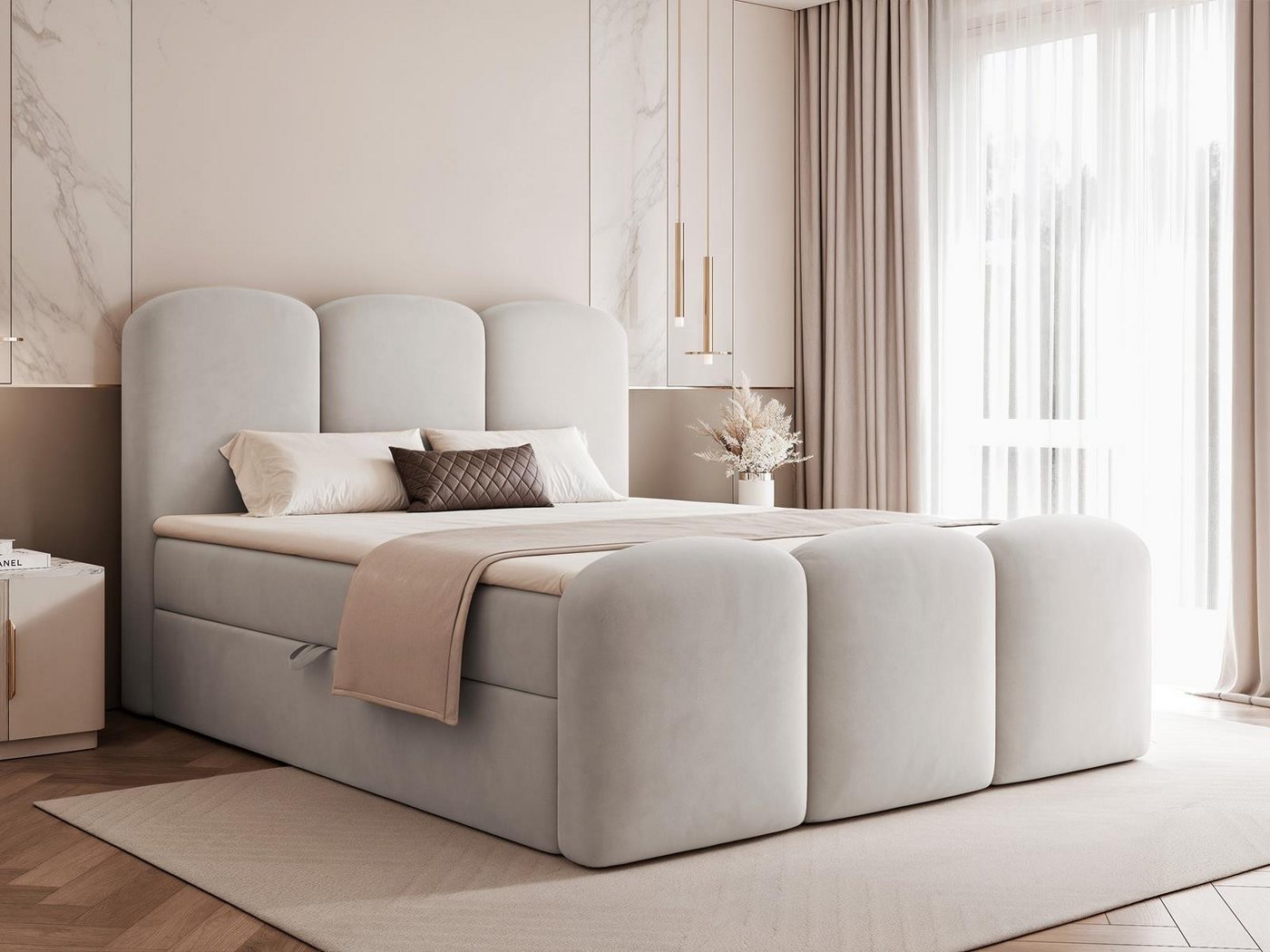 Compleo Boxbett Wolkenbett mit Stauraum & hohem Schlafkomfort, MADE IN EU, Doppelbett gepolstertes Kopfteil mit Bettkasten