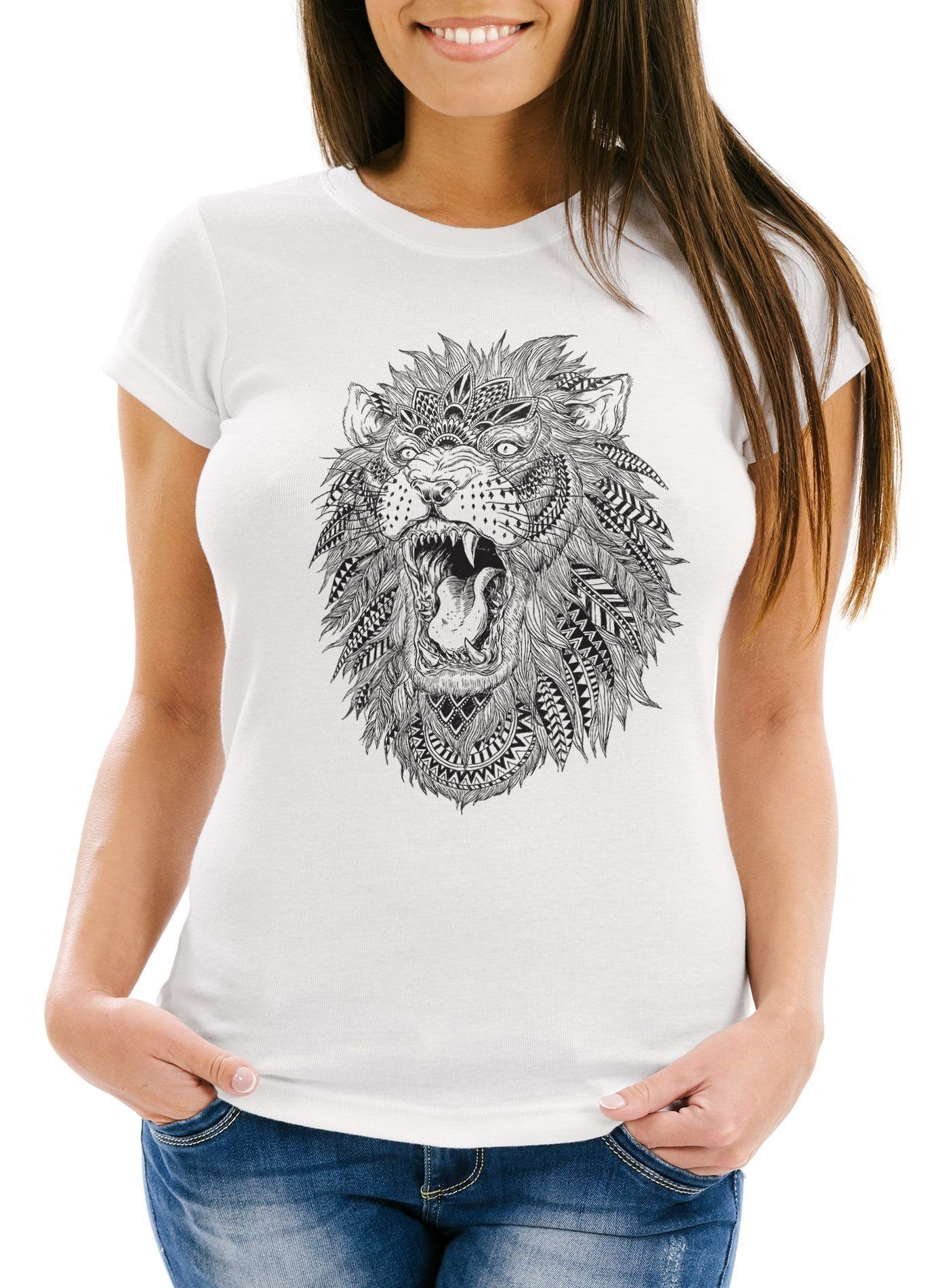 Damen Shirts Neverless Print-Shirt Damen T-Shirt Löwe Mandala Atzekenmuster Boho Atzec Federn Ethno Lion Neverless® mit Print