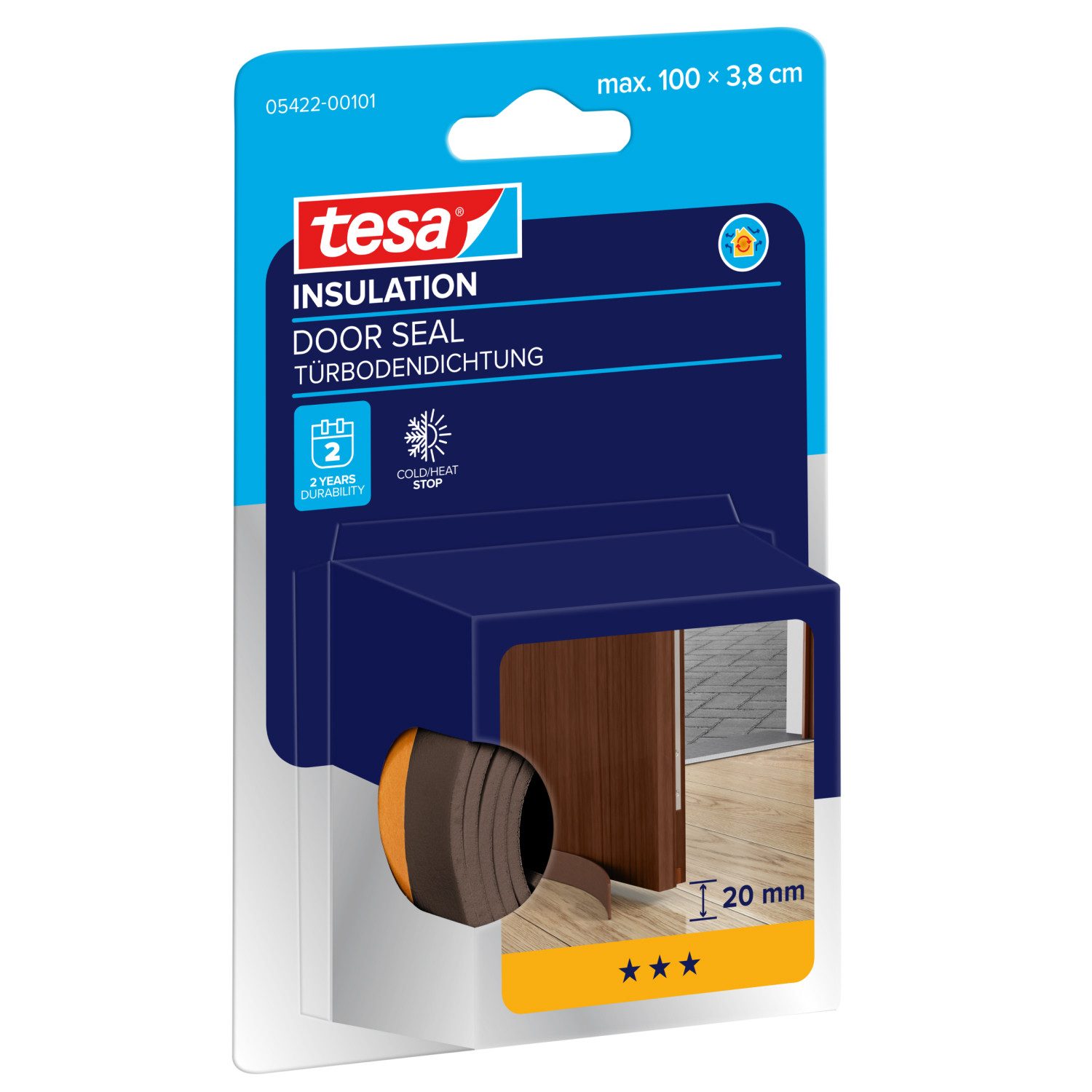 tesa Türbodendichtung INSULATION Türdichtung - selbstklebende Türboden-Schaumstoffdichtung, (Packung, 1-St., Türboden-Schaumstoffdichtung braun - 1 m x 38 mm), Zimmertürdichtung zum Schutz vor Kälte, Zugluft, Staub, Feuchtigkeit