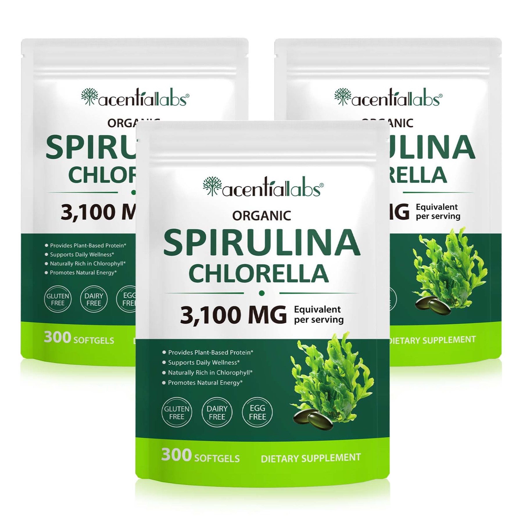 Acentiallabs Spirulina Chlorella Softgels Mineralien 300 Kapseln 3100 mg Vegan Kapseln, Superfoods, Nahrungsergänzungsmittel, Spirulina