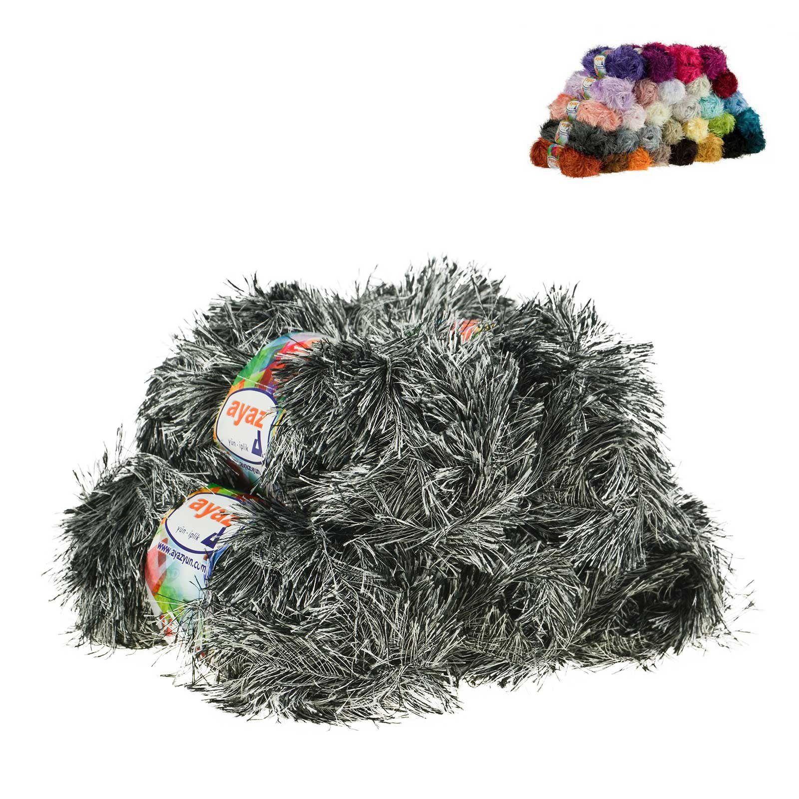 AYAZ 5 x 100g Strickgarn Yumos Fransenstrickgarn Strickwolle Häkelwolle, 1000-1217 schwarz weiß