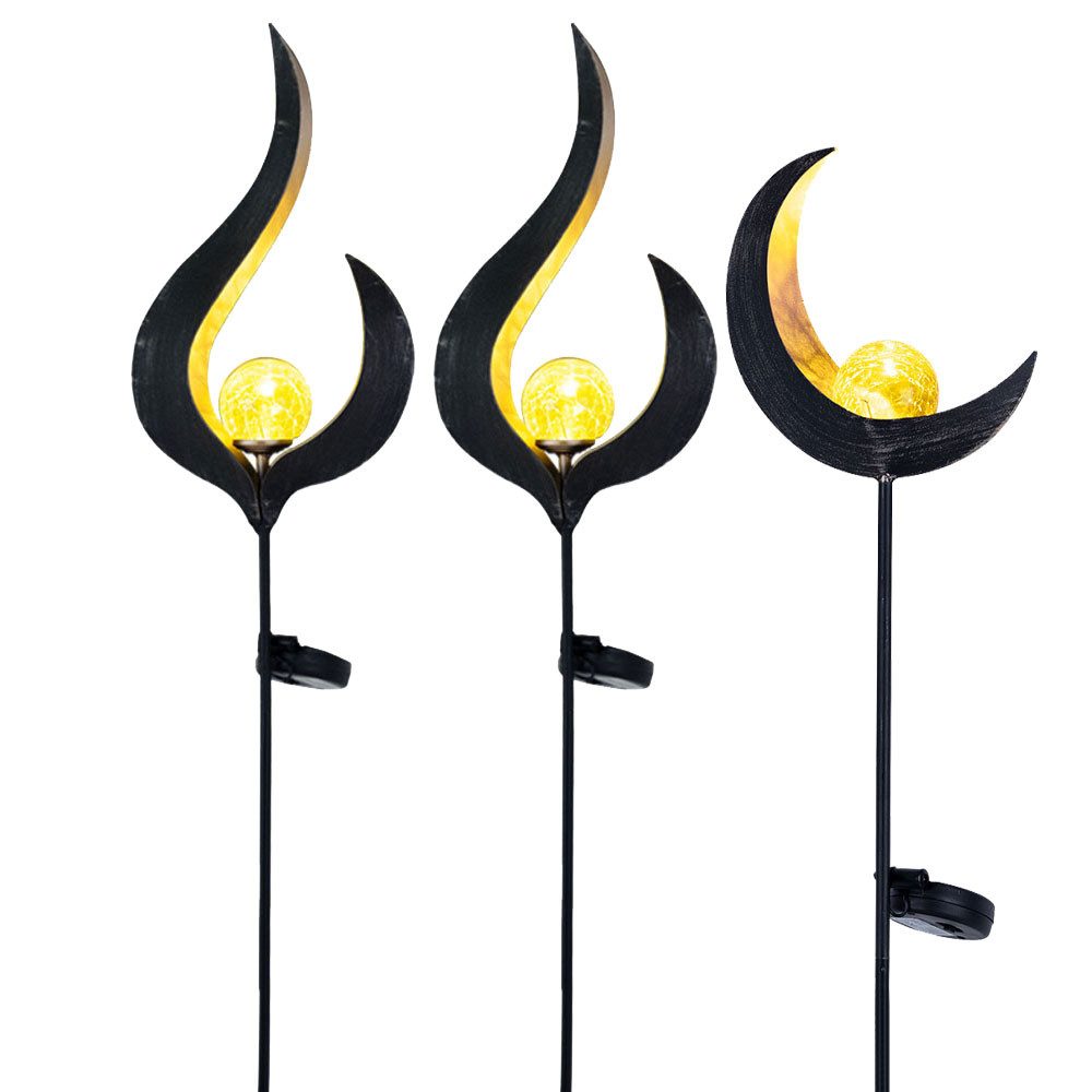 GLOBO LIGHTING Gartenleuchte, LED-Leuchtmittel fest verbaut, 3er Set LED Solar Garten Steckleuchte 2x Flammen 1x Halbmond Design