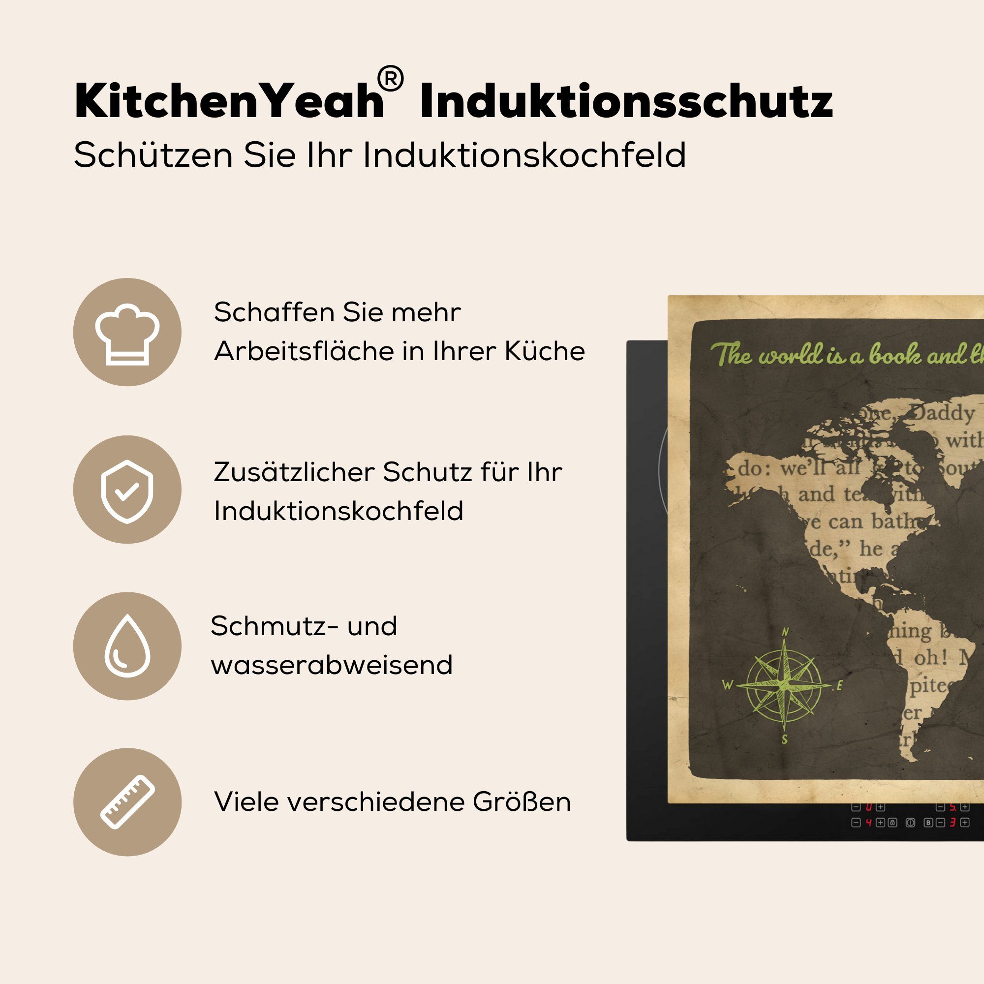 MuchoWow Herdblende-/Abdeckplatte Weltkarte - Zitat (1 küche, Induktionskochfeld tlg), Ceranfeldabdeckung Schutz die Vinyl, cm, Buch, - 81x52 für