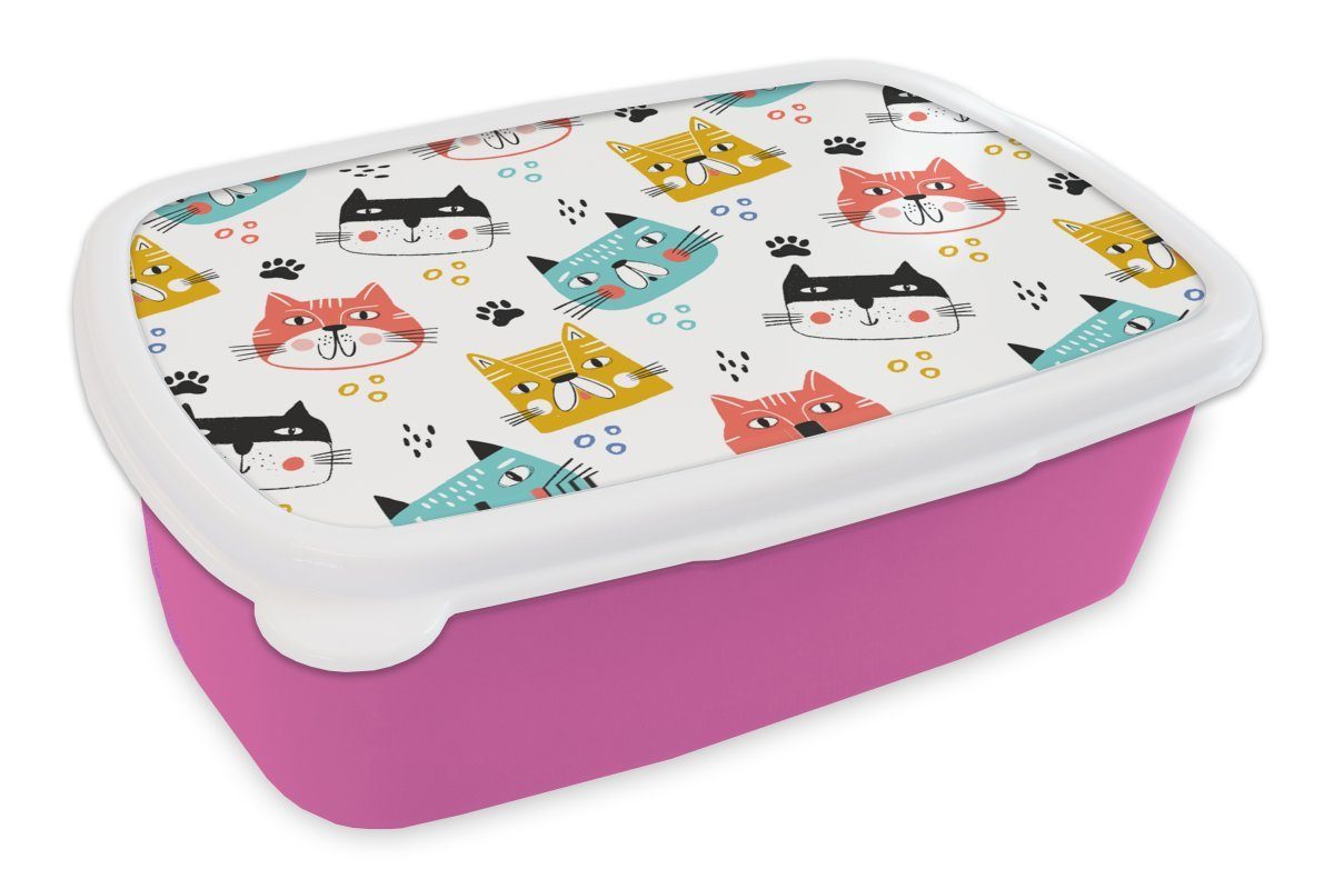 MuchoWow Lunchbox Jungen - Muster - Katzen, Kunststoff, (2-tlg), Brotbox für Erwachsene, Brotdose Kinder, Snackbox, Mädchen, Kunststoff rosa
