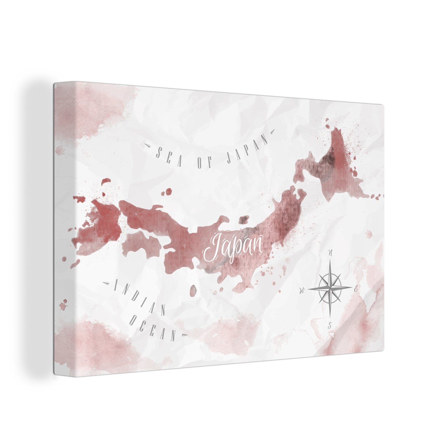 OneMillionCanvasses® Leinwandbild Karte - Japan - Aquarell - Rot, (1 St), Wandbild Leinwandbilder, Aufhängefertig, Wanddeko, 30x20 cm