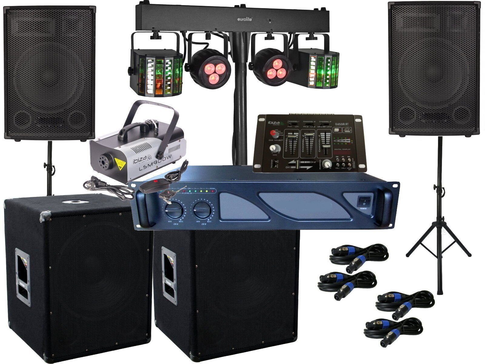 DSX DJ Set Verstärker Mixer Subwoofer Boxen Nebel LED Licht Anlage Party-Lautsprecher (980 W) | Lautsprecher