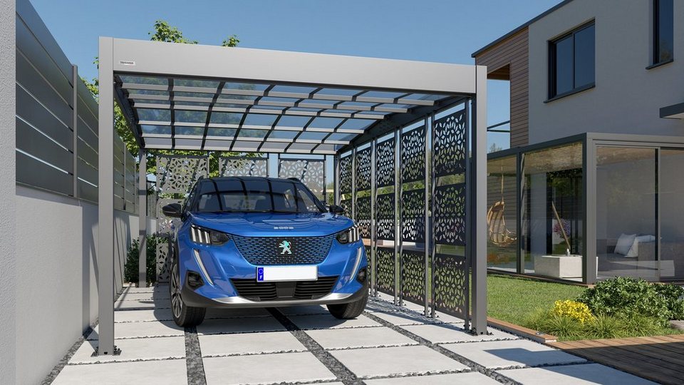 Trigano Einzelcarport Carport Libeccio Metall freistehend, 2,1 cm  Einfahrtshöhe, robuste Konstruktion mit 8 dekorativen Paneelen, Doppeldach