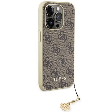 Guess Handyhülle Case iPhone 15 Pro Kunstleder braun mit Kette goldfarbig 6,1 Zoll, Kantenschutz