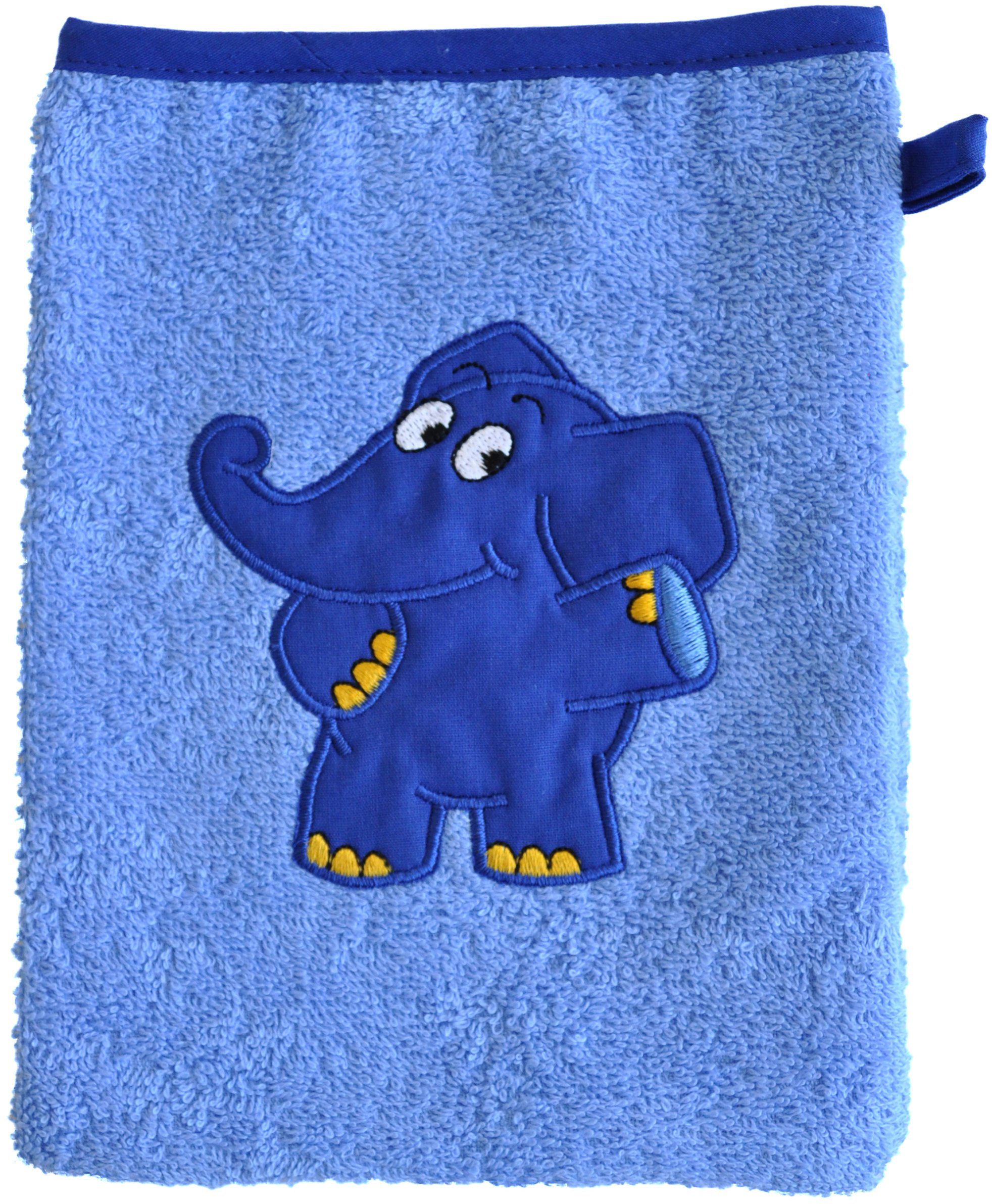 Smithy Waschlappen Waschhandschuh Baby mit dem blauen Elefanten (1-tlg), Applikation