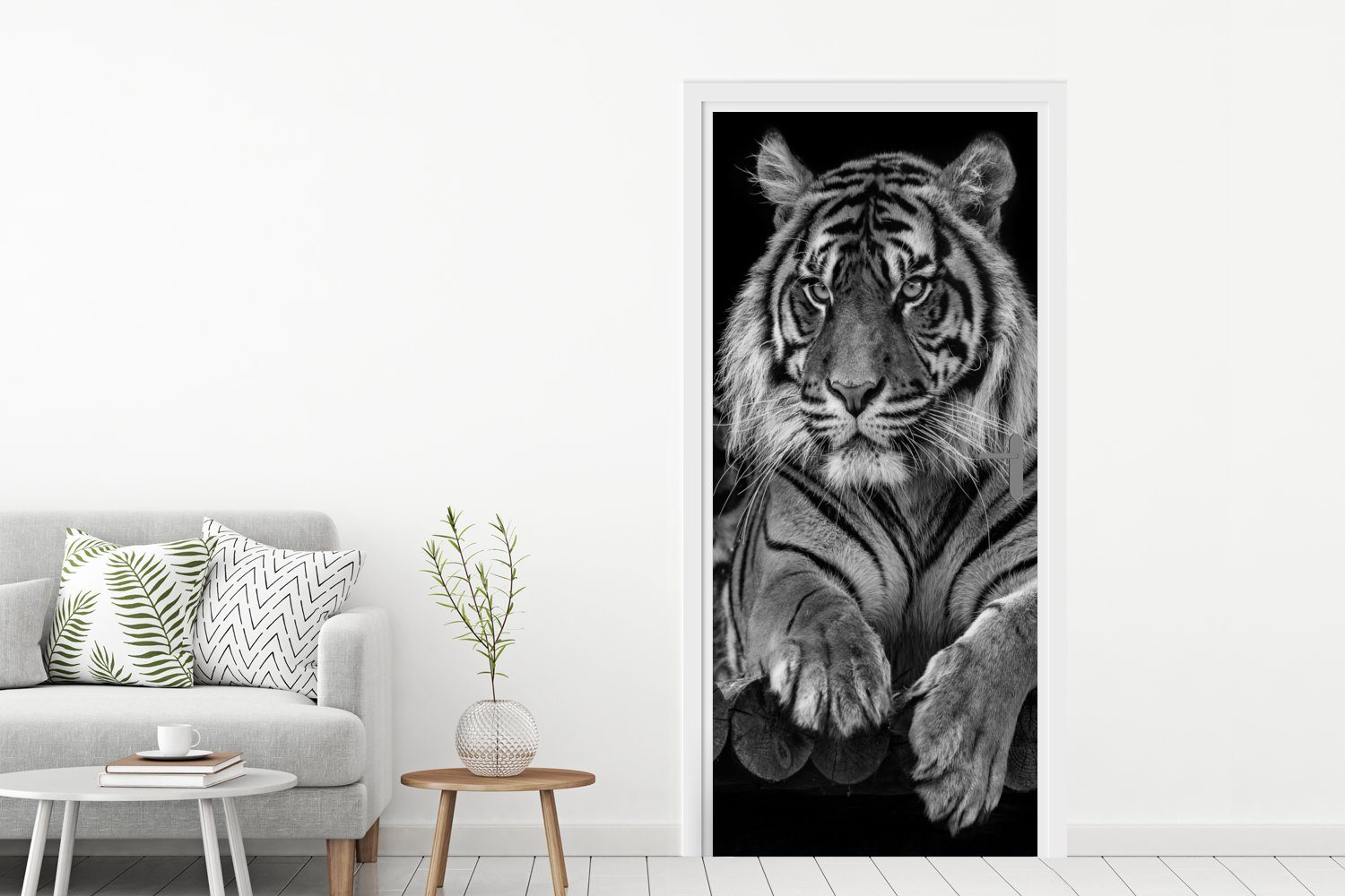 Sumatra-Tiger Matt, für St), MuchoWow 75x205 in Tür, Schwarz Türtapete (1 und bedruckt, Weiß, cm Tierprofil Fototapete Türaufkleber,
