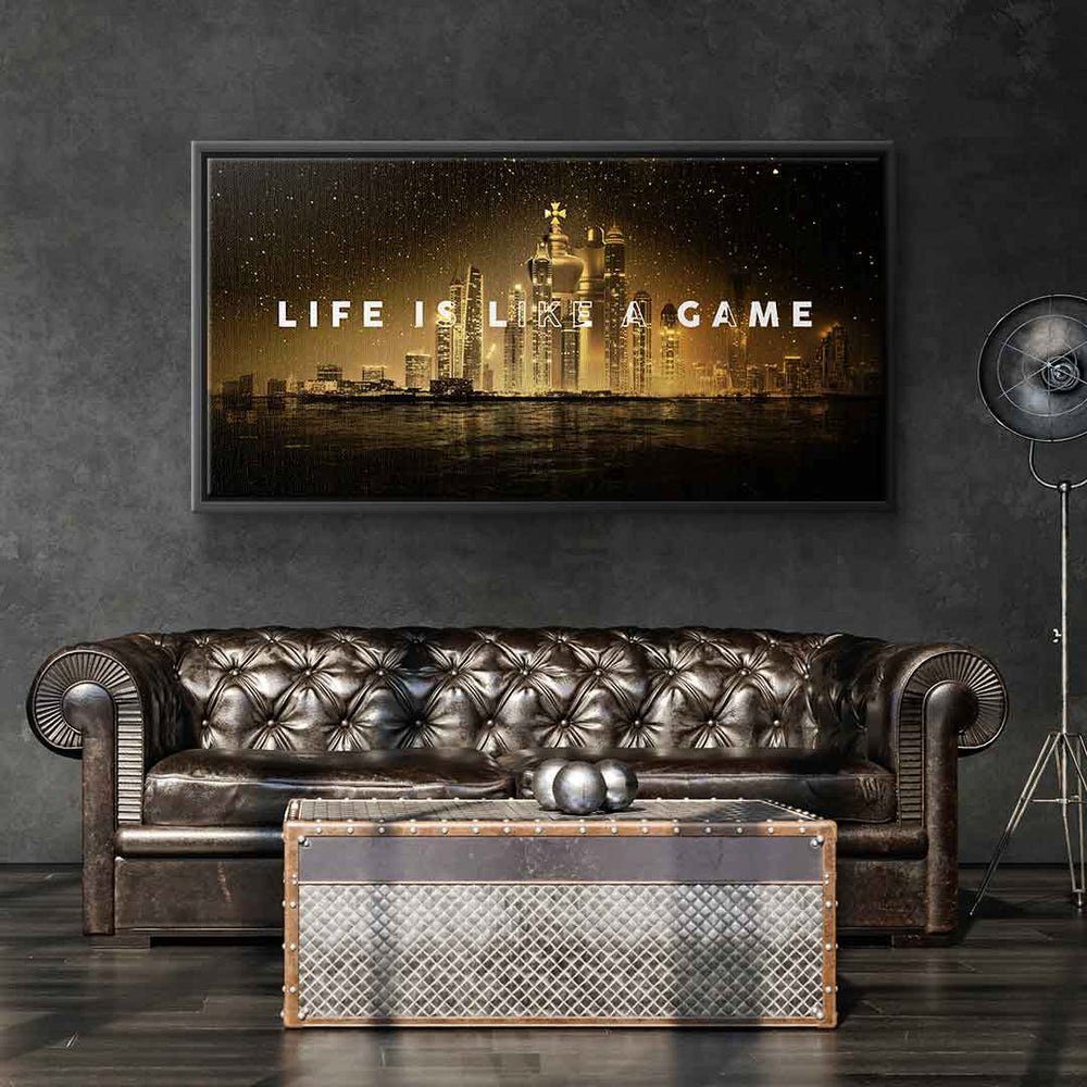 DOTCOMCANVAS® Leinwandbild, Leinwandbild Zitat Skyline goldener Motivation Panorama Schach Figuren prem Rahmen mit
