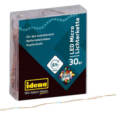 Idena LED-Lichterkette 30er, Micro LED, bunt, 3,2 m, für Innen, batteriebetrieben, mit Timer