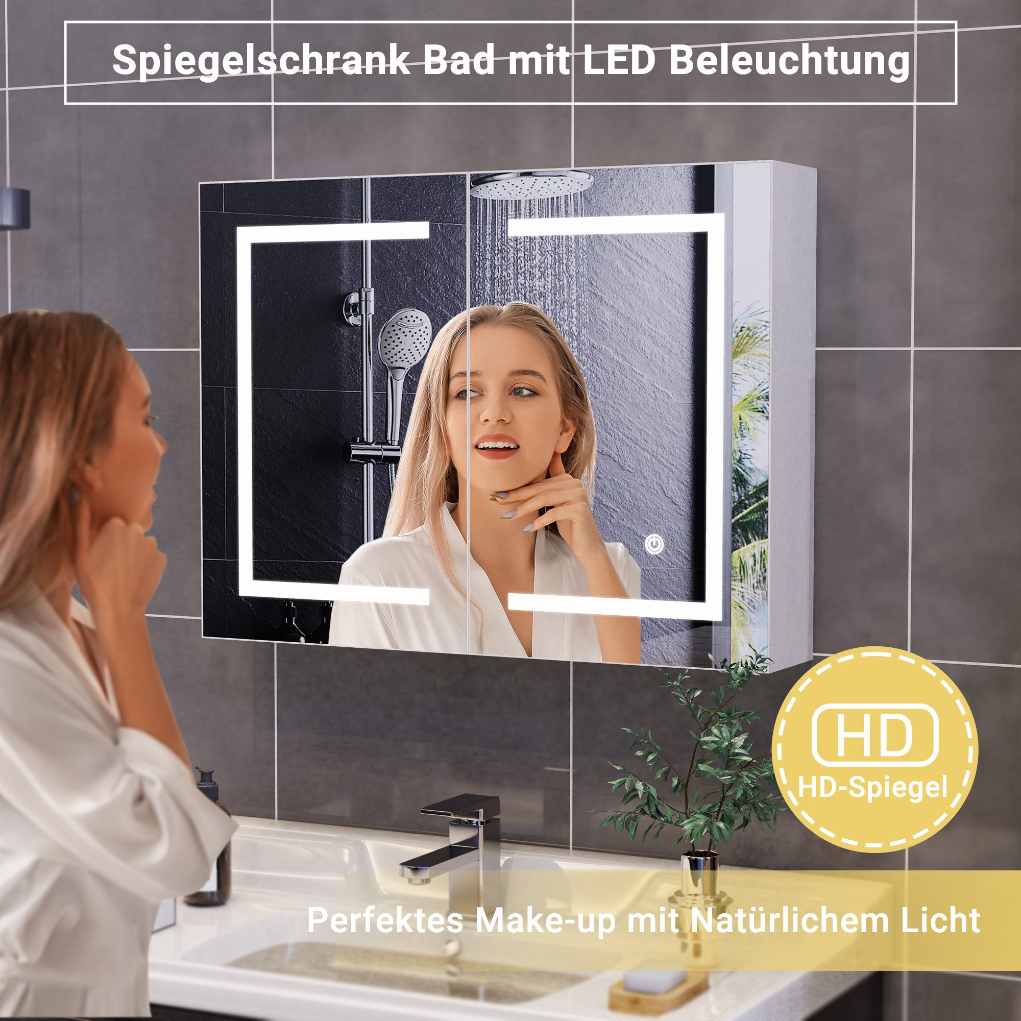 ADWOLT Badezimmerspiegelschrank Spiegelschrank mit LED-Beleuchtung (Set, 1-St., Badezimmerschrank mit Spiegel und 2 Türen) Wandschrank mit Ablage, Touchschalter – Bild 3 von 5