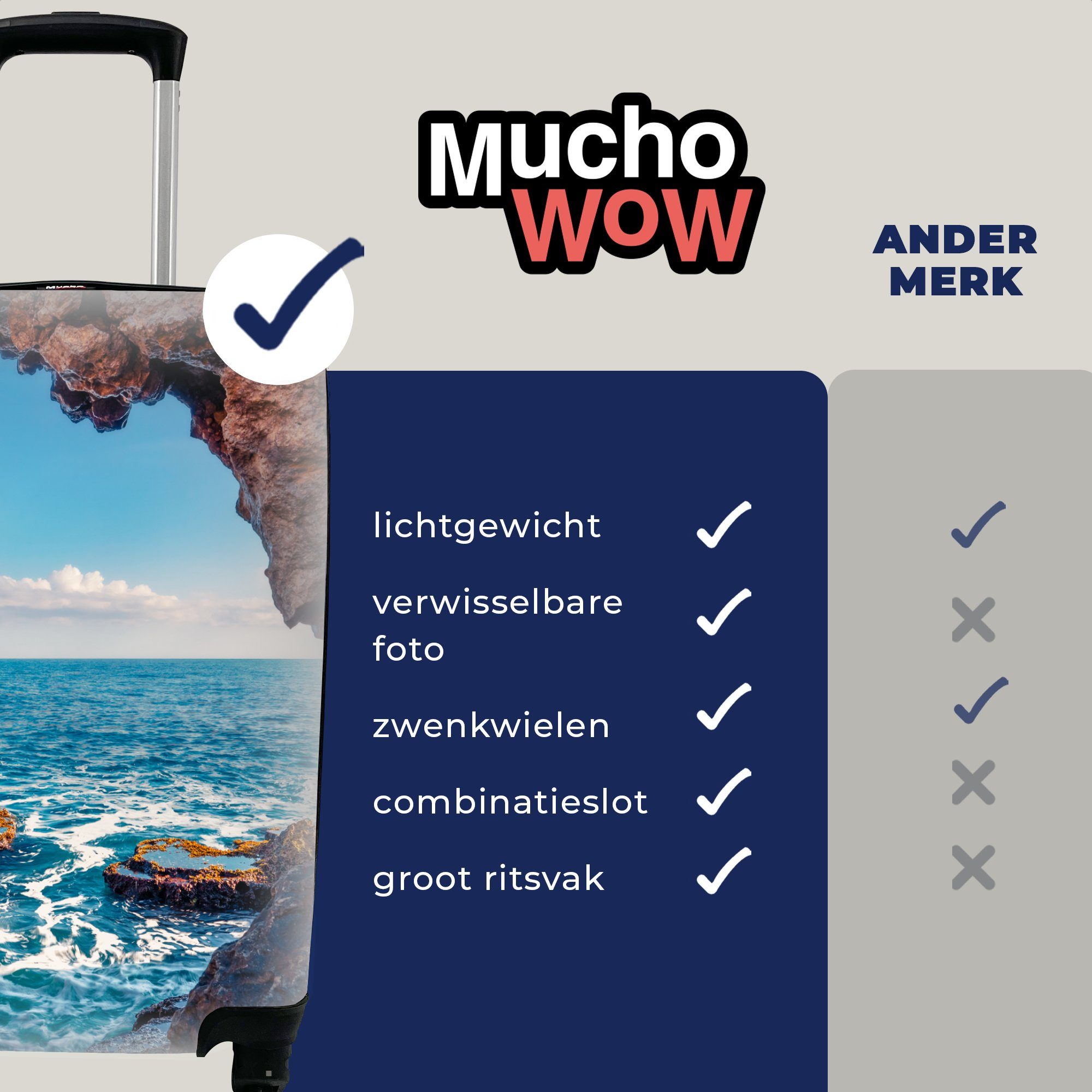 MuchoWow - Handgepäckkoffer für Höhle Rollen, Meer Reisetasche Trolley, Ferien, rollen, Natur, Handgepäck Reisekoffer Felsen 4 - mit -