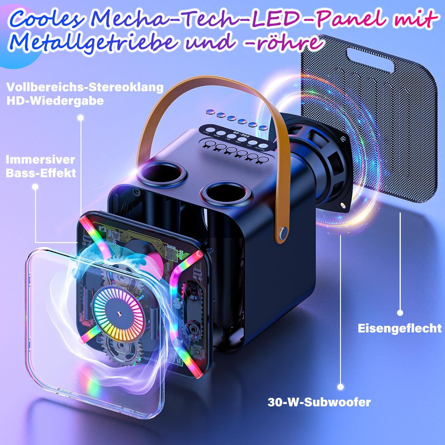 MOPUEA Karaoke-Maschine mit 2 kabellosen Mikrofonen Party-Lautsprecher Bluetooth-Lautsprecher 2 (Bluetooth, Radio, USB, AUX IN, Micro SD Kartenslot, Party-Lautsprecher, Karaoke-All-in-One-Maschine, mit Lichteffekten)