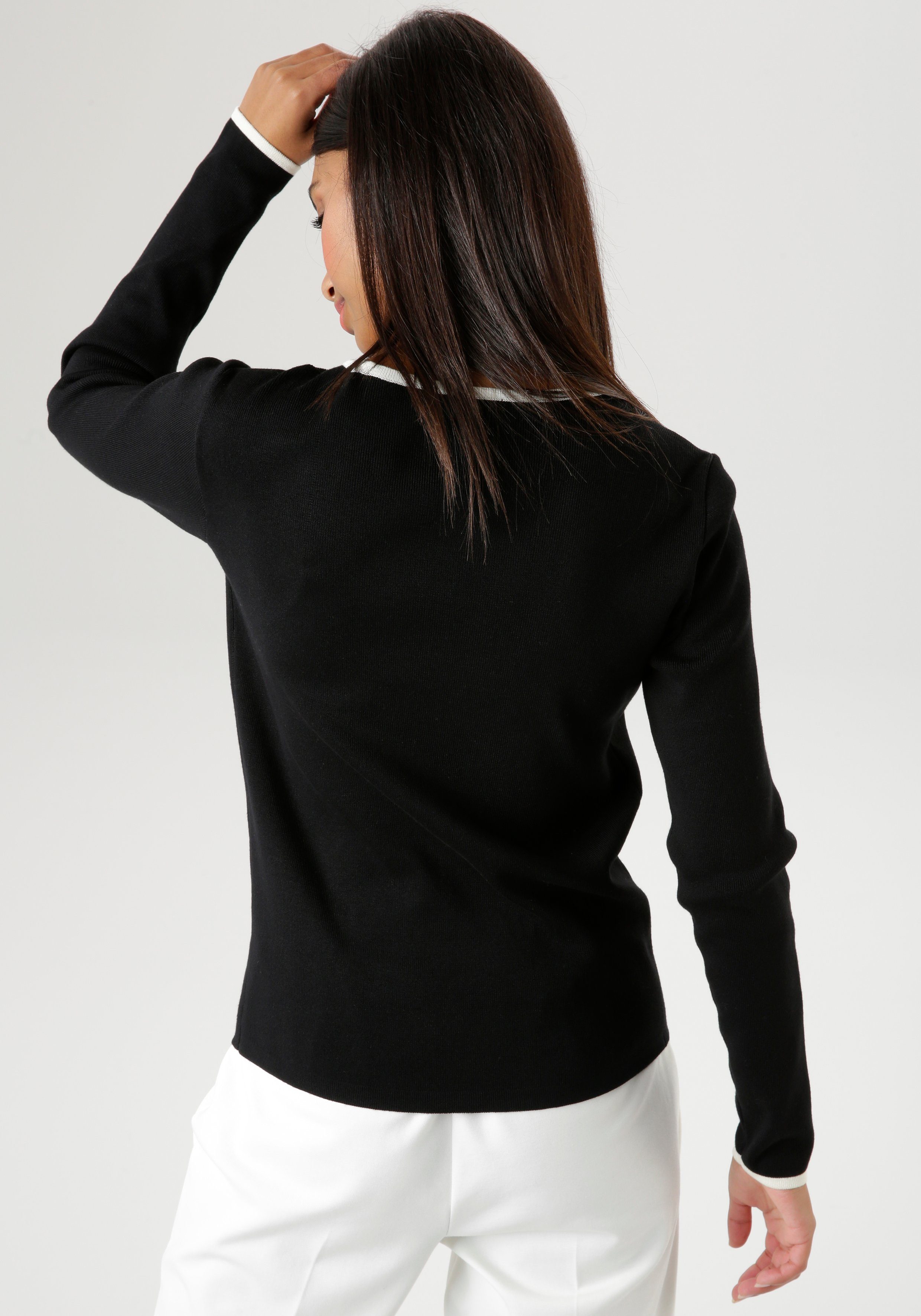 mit - kontrastfarbenen SELECTED Aniston NEUE schwarz-offwhite Strickpullover Streifen KOLLEKTION