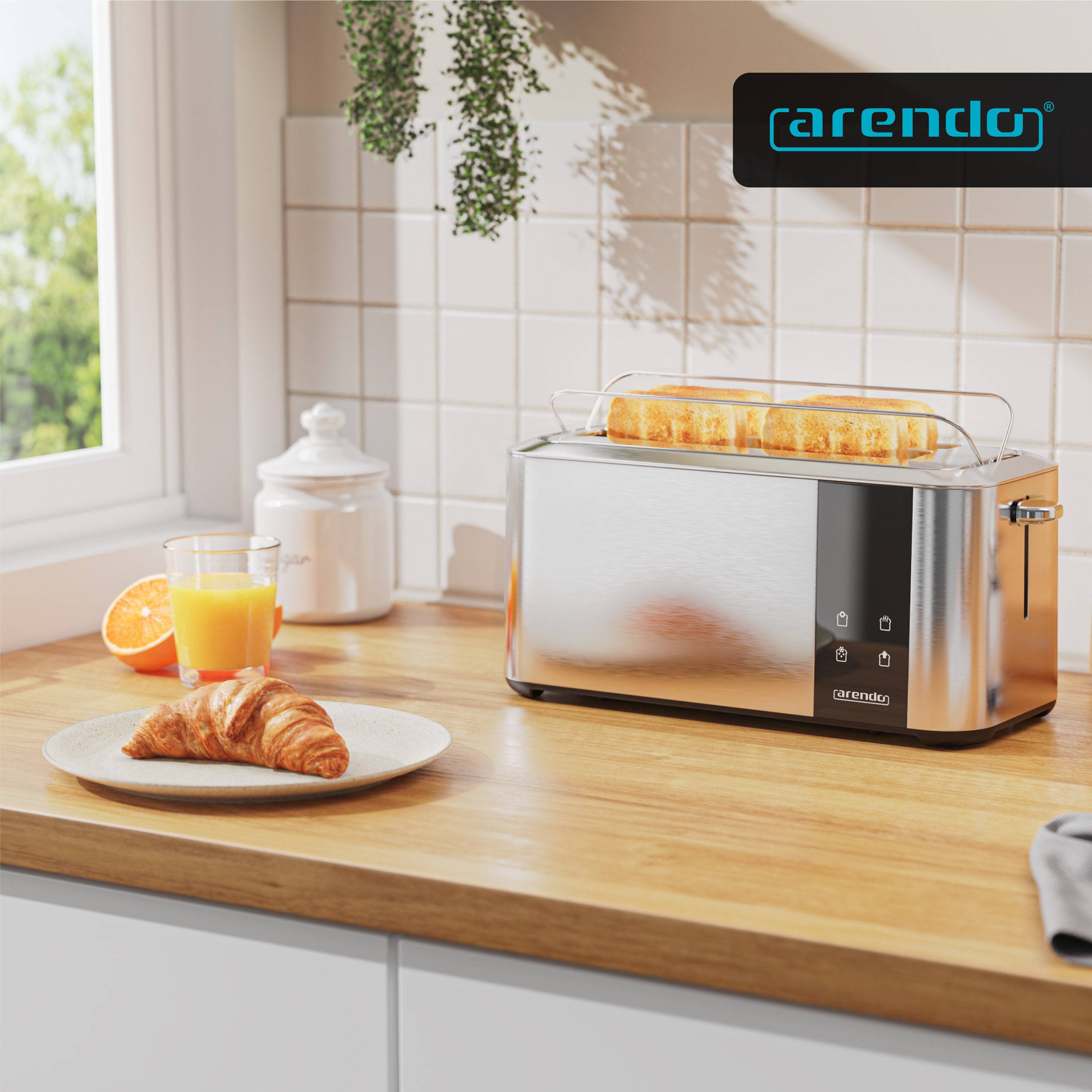 Arendo Toaster Langschlitz, Brötchenaufsatz, Wärmeisoliertes Gehäuse, Display, Touch, 2 lange Schlitze, für 4 Scheiben, 1500 W, LED-Anzeige mit Restzeit, Touchdisplay, Brötchenaufsatz