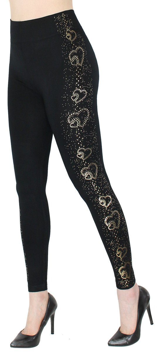 Leggins Bund, Glitzer mit dy_mode Damen Hochbund Muster mit Druck Schmetterling Highwaist Leggings elastischem Glanz Leggings JL643-GoldHeart