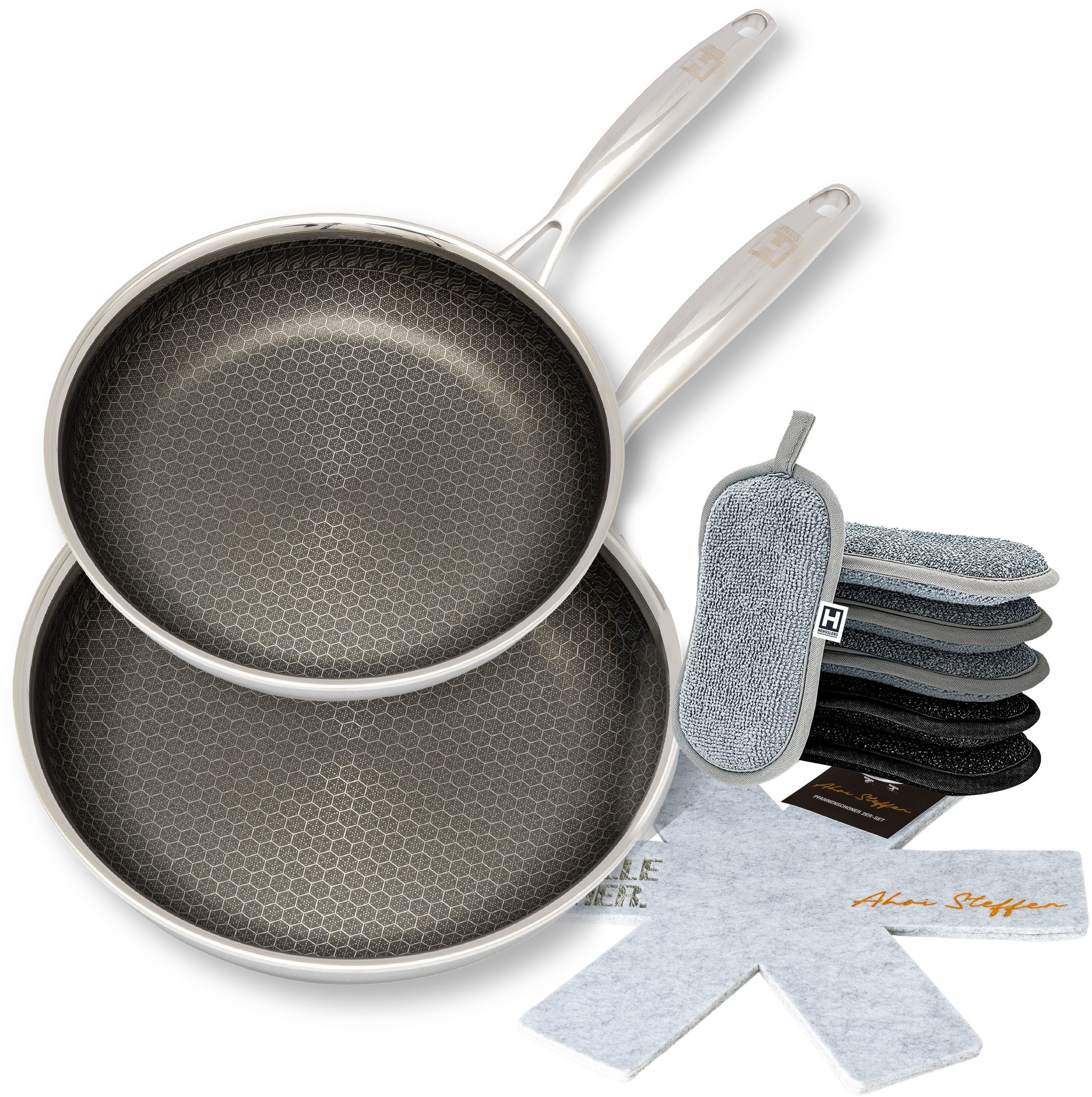 HENSSLERS Сковороды-Set HENSSLERS Kochbox Deluxe, Edelstahl (Set, 10-tlg., Pfanne 24 + 28 cm, Mikrofaser-Schwamm-Set 6 tlg., 2x Сковороды-Schoner), Exklusives Set für OTTO