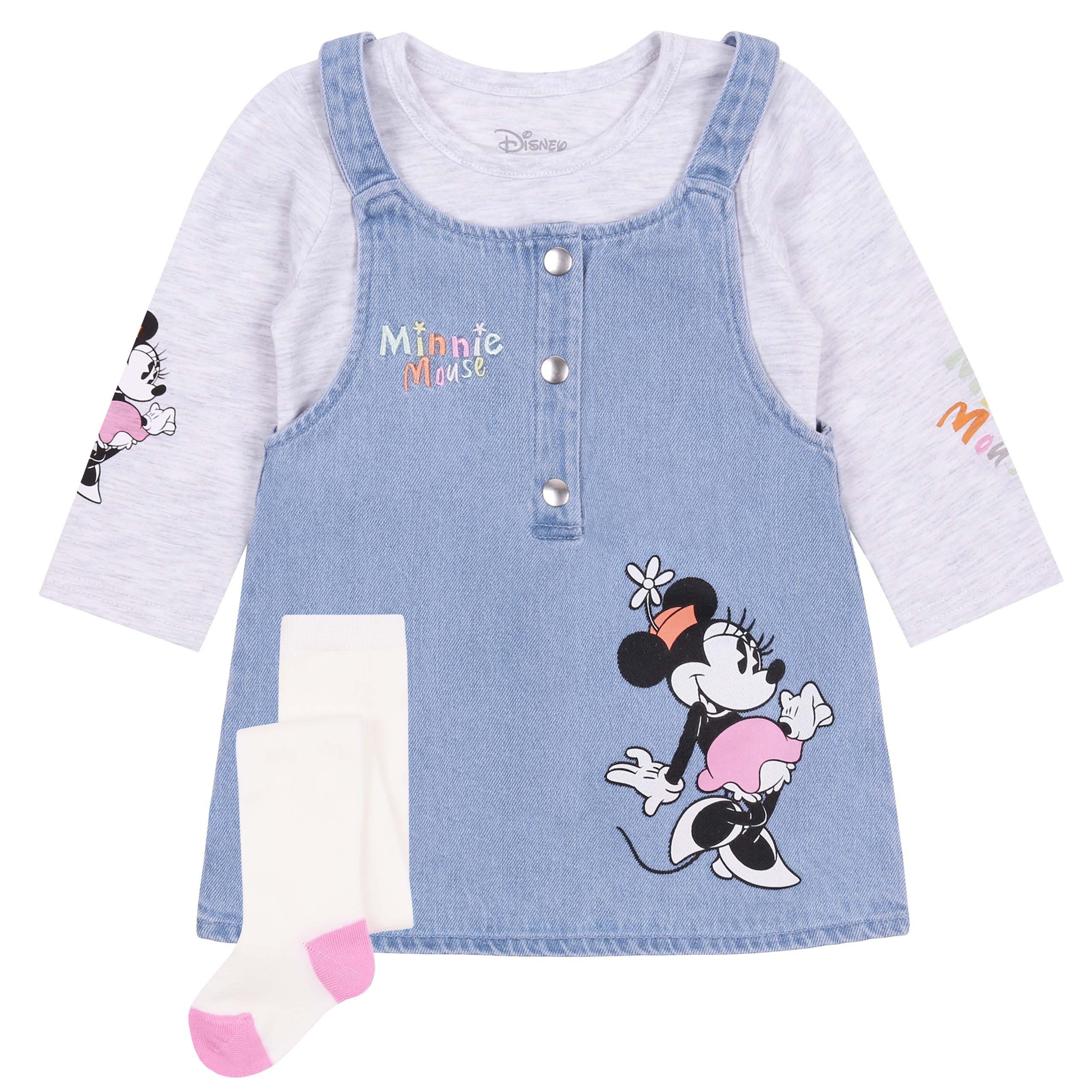 Jeanslatzhose Babyset Jeanslatzkleid + Bluse + Strumpfhose Minnie Maus 9-12 Monate