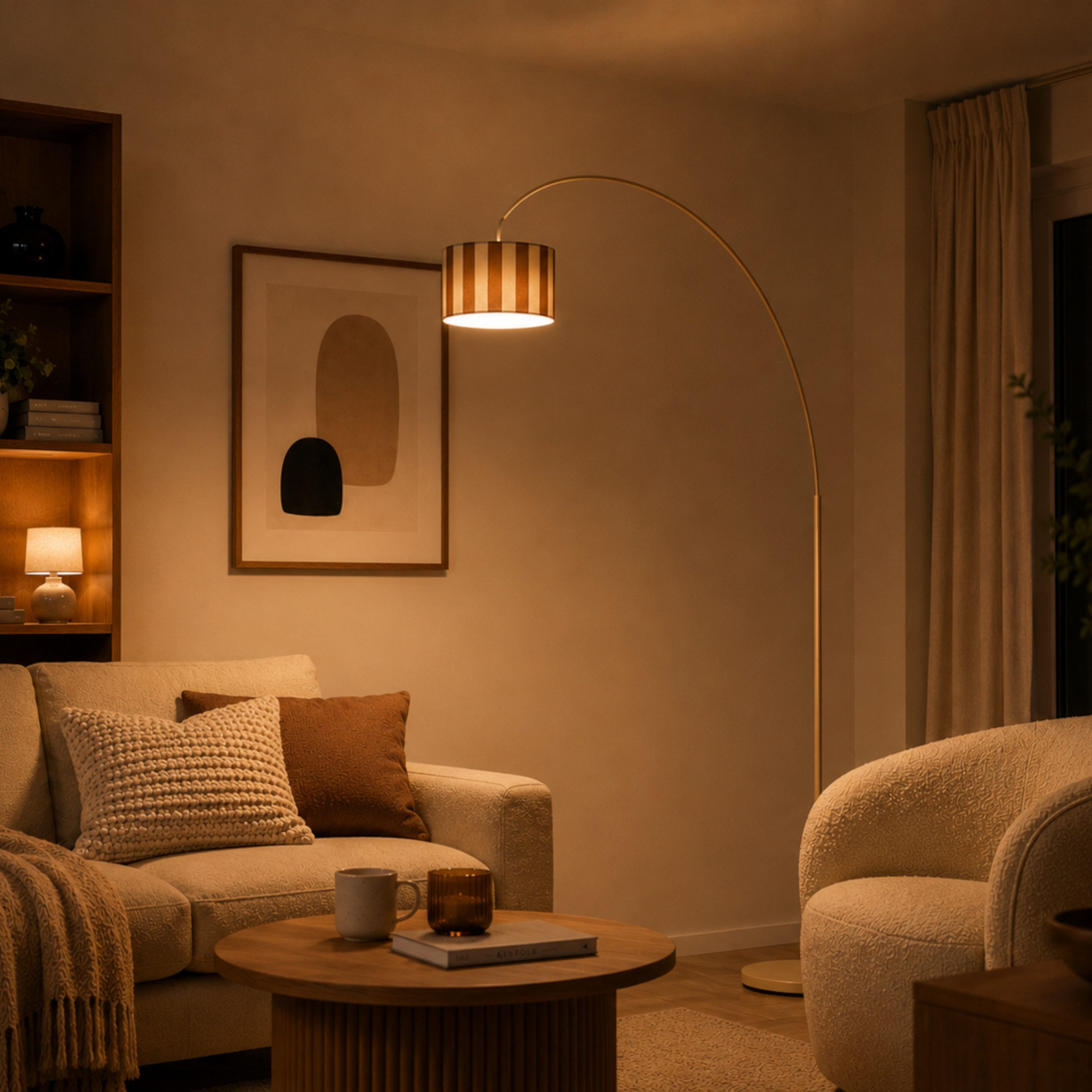 OTTO home Stehlampe Stellan, Ein-/Ausschalter, ohne Leuchtmittel, Bogenlampe Textilschirm Stoff Ø 36cm, E27, Fußschalter, Bogenleuchte