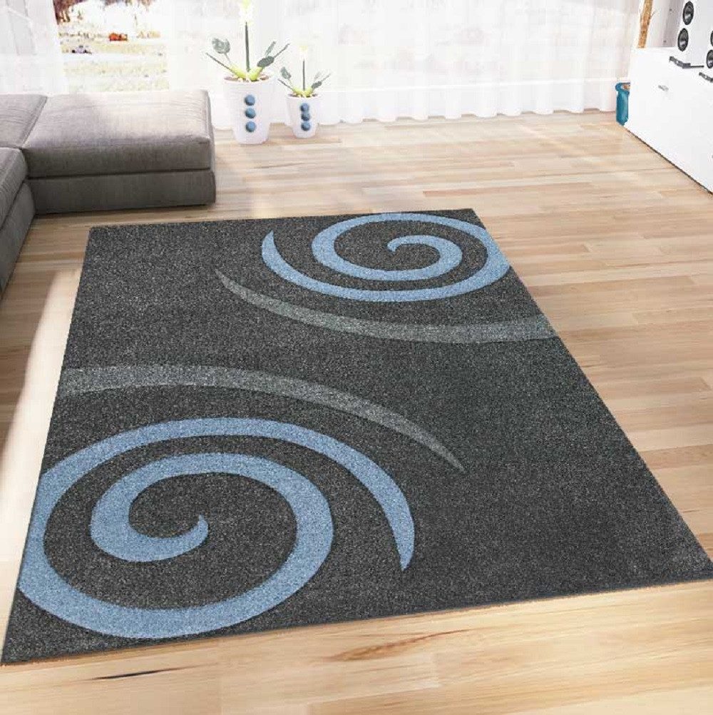 Vimoda Teppich Kurzflor Spiral Muster Blau, Rechteckig, Höhe: 13 mm, Kreisel Muster Spiral Läufer Konturenschnitt Blau