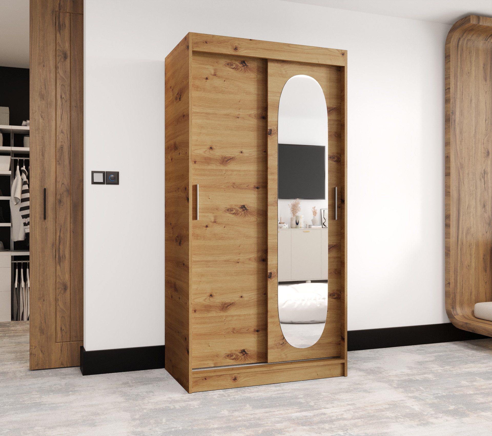 MOEBLO Schwebetürenschrank ROSALIA (Moderner Kleiderschrank mit Spiegelfront, Viel Stauraum, BIMAK Schiebesystem, In 5 Farben & 6 Größen, Schrank Garderobe Schiebtüren Schlafzimmer) 100 /120/150/180/200/250x200x62 cm
