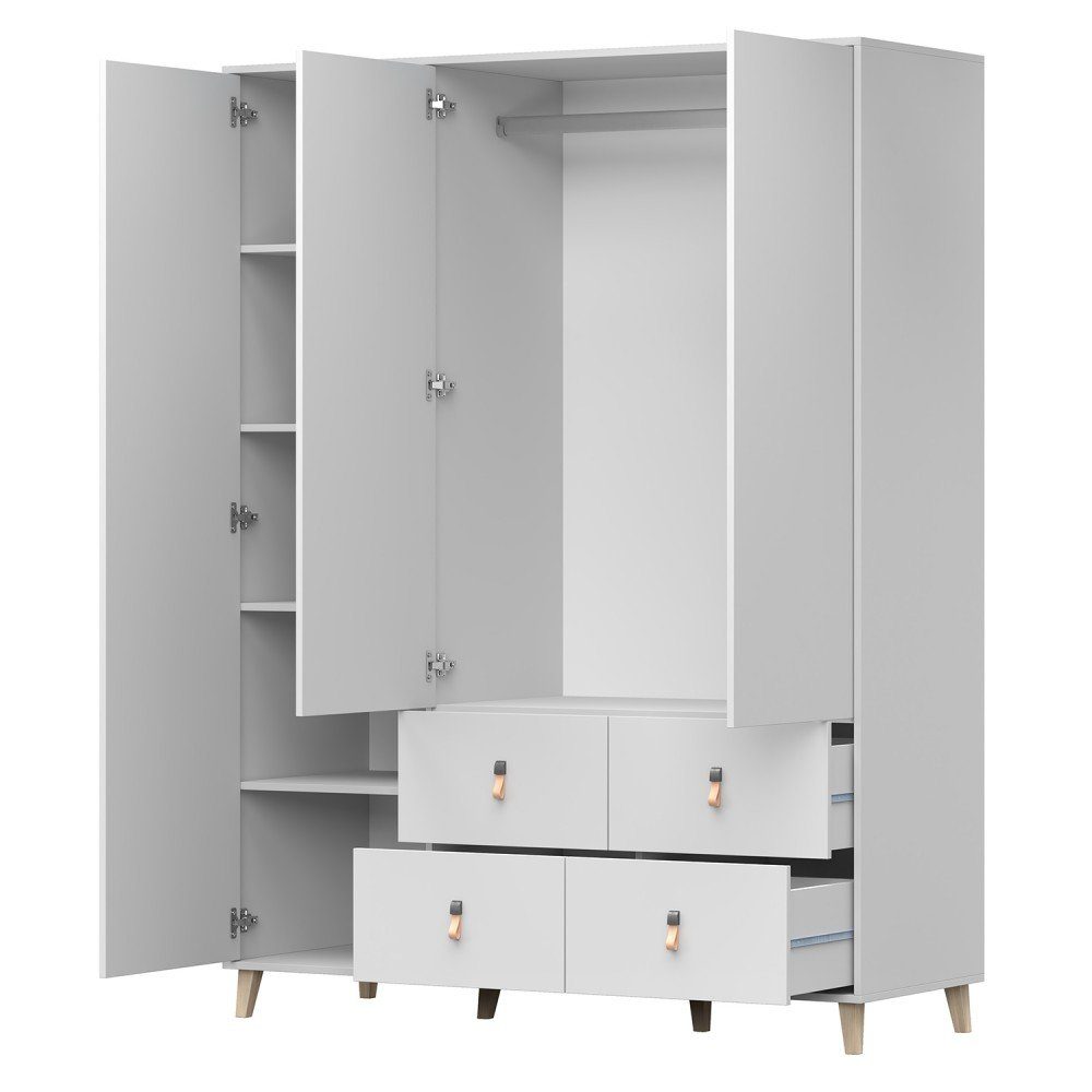 MOEBLO Drehtürenschrank FAGO 19 4S3D (Griffe aus Leder, weiß, Kleiderchrank Schrank Kinderschrank mit Schubladen) (B x H x T): 150x201,5x55 cm