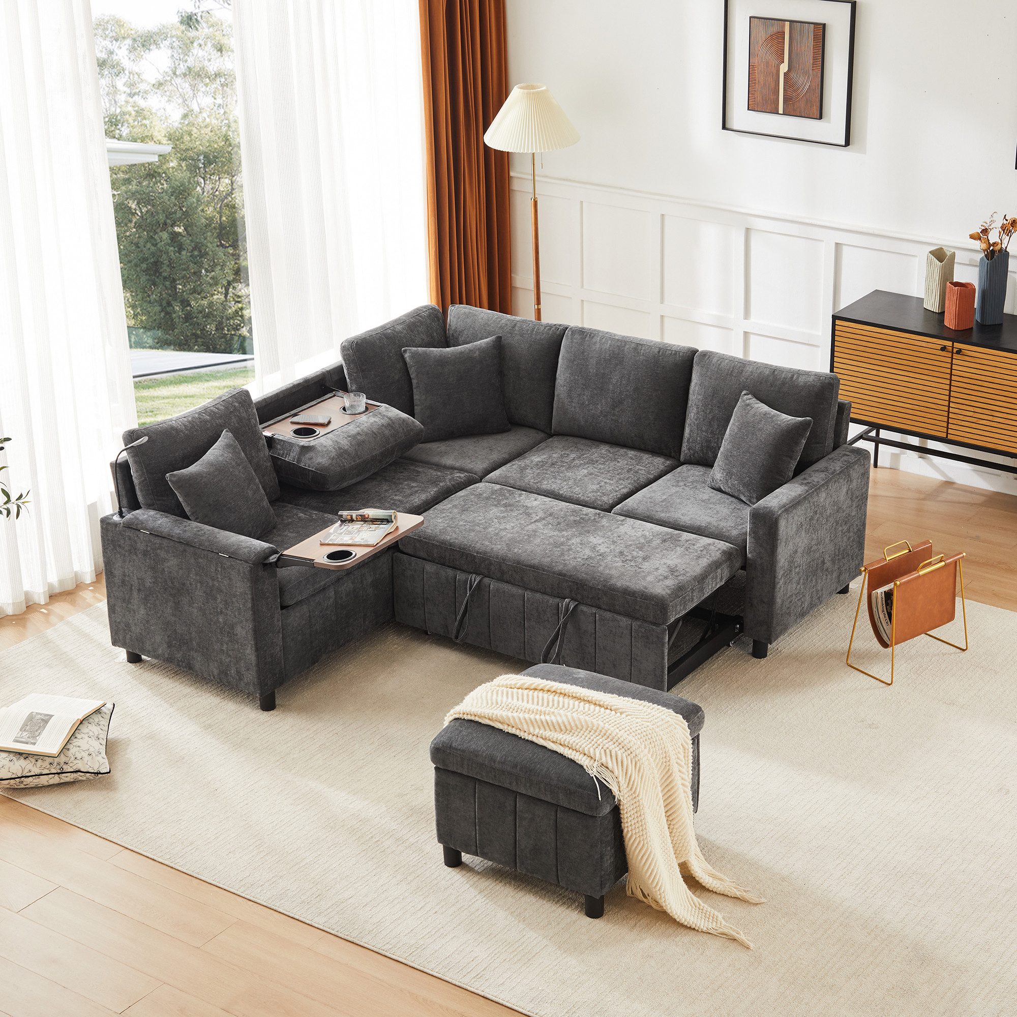 Flieks Ecksofa mit Schlaffunktion, Leselampe, USB&Type-C, und verstecktem Couchtisch, klappbare Rückenlehne mit Getränkehaltern, 5- Sitzer Ausziehsofa inkl. Hocker mit Stauraum, Chenille Grau