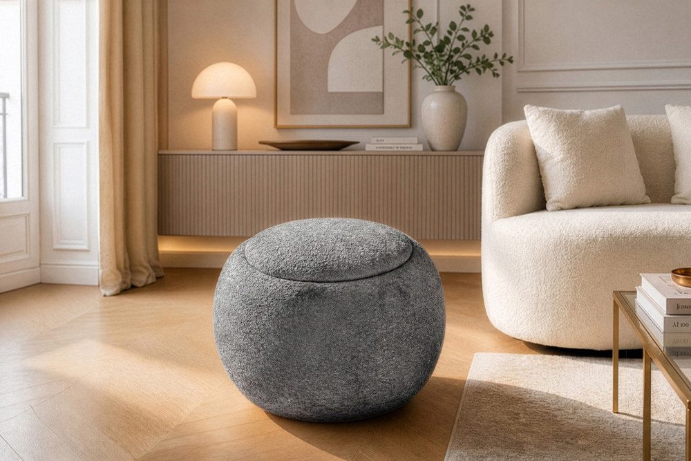 riess-ambiente Couchtisch ORBIT 50cm grau - Bouclé, mit Tablett & Stauraum, Schaumstoff, rund (Einzelartikel), Scandi Beistelltisch - ideal für Wohn- und Esszimmer oder TV-Ecke