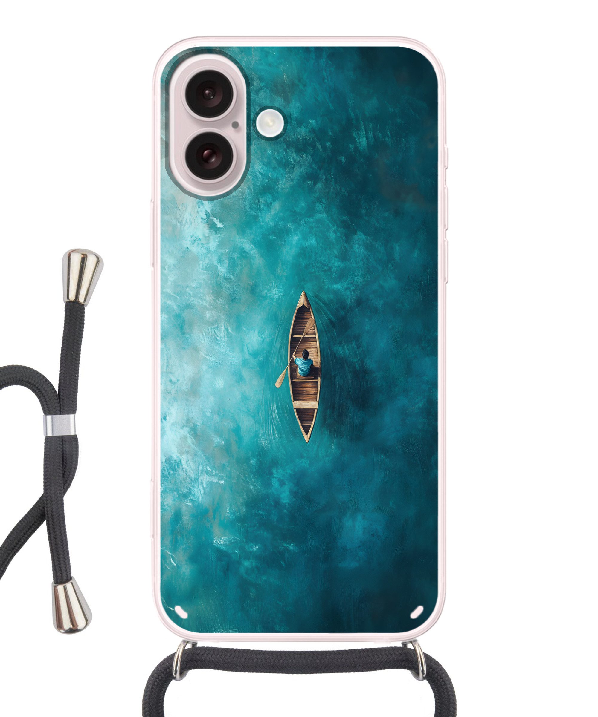 MuchoWow Handyhülle für Apple iPhone 16 Boot - Wasser - Blau, Tragbare Handyhüllen mit Kette zum umhängen, Handykette Handyband