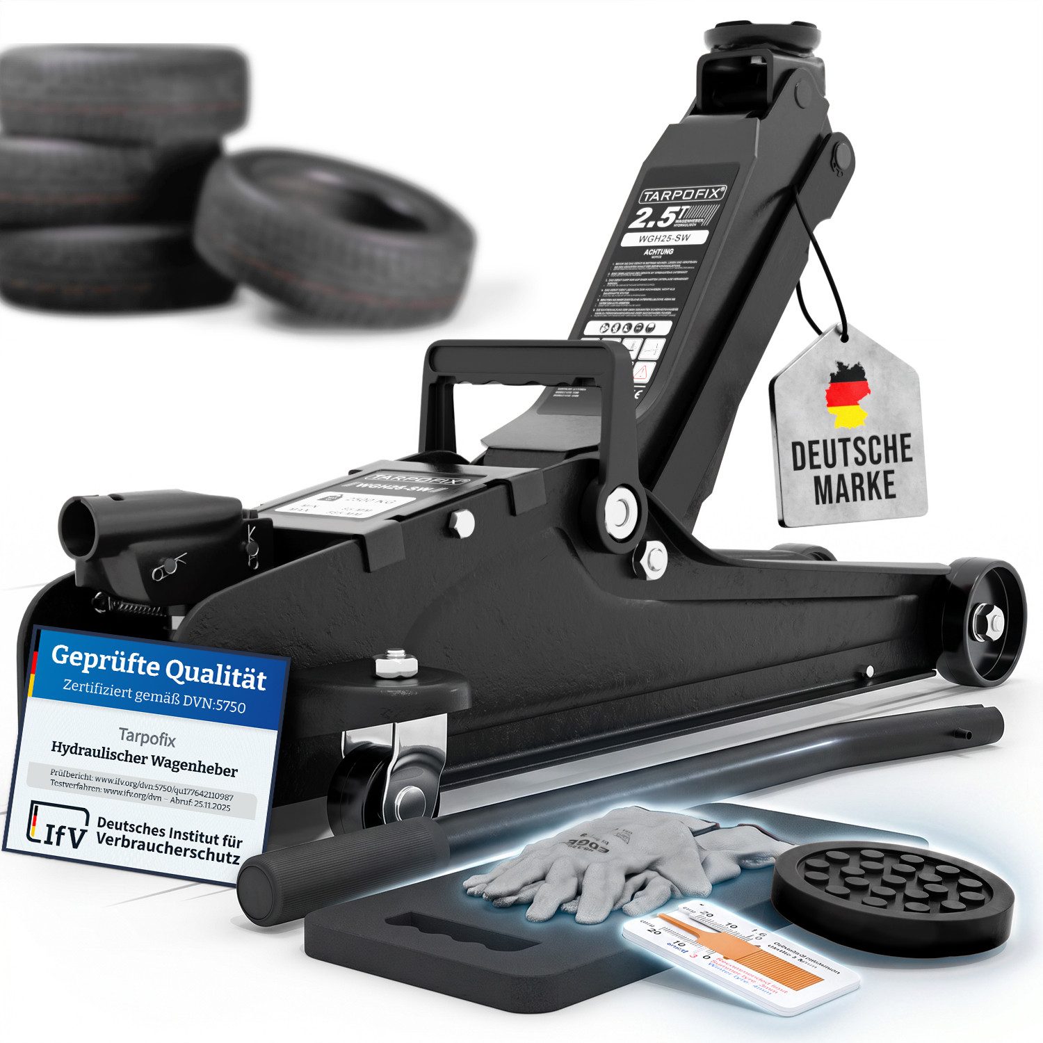 Tarpofix® Wagenheber hydraulisch flach SUV tiefergelegt EN 1494, max. Hubhöhe: 38 cm, Rangierwagenheber mit Rollen, 6-tlg., inkl. Handschuhe & Kniematte, 2,5 t Hub 85-380 mm von Tarpofix®