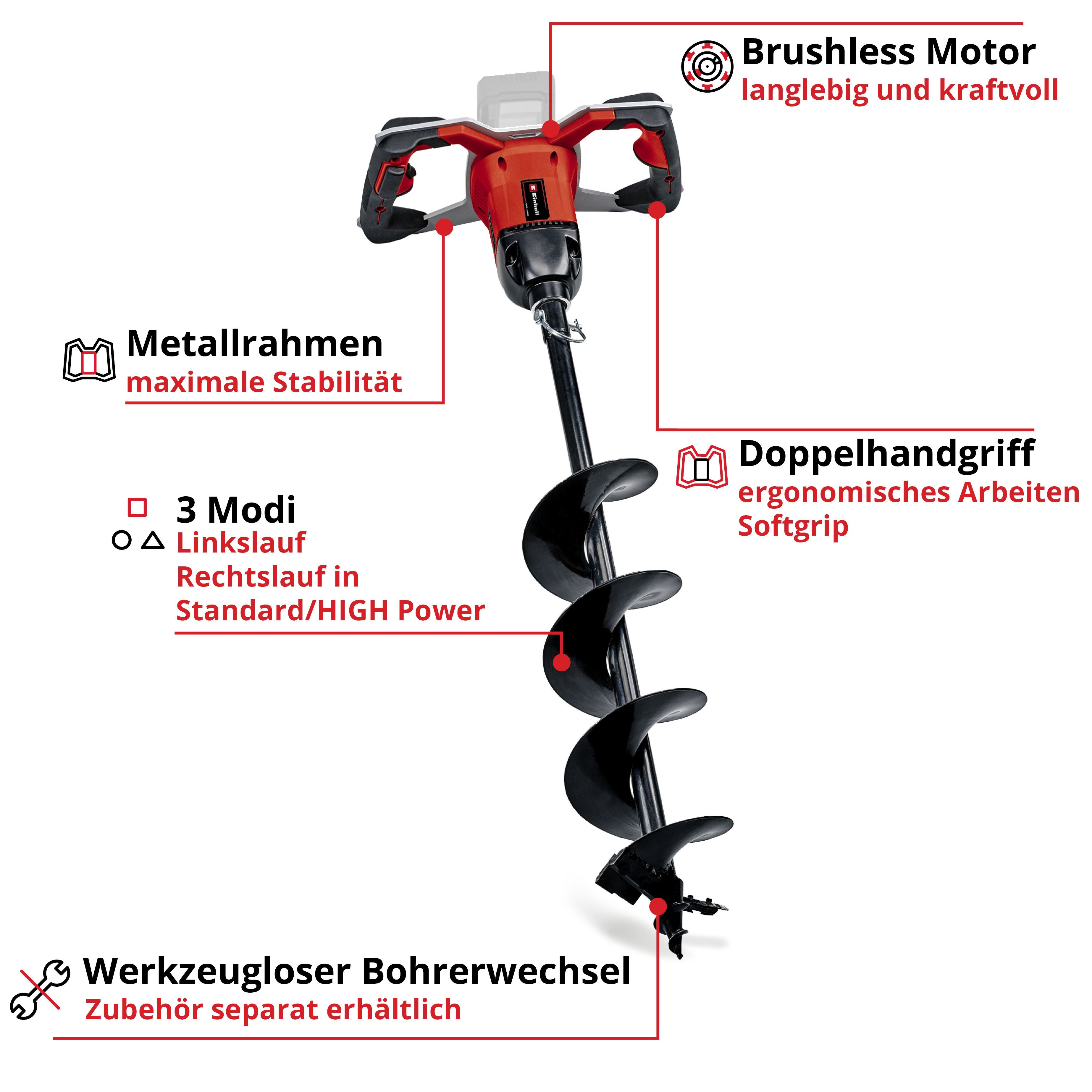 Einhell Erdbohrer GP-EA 18/150 Li BL-Solo, max. 125 U/min, ohne Akku