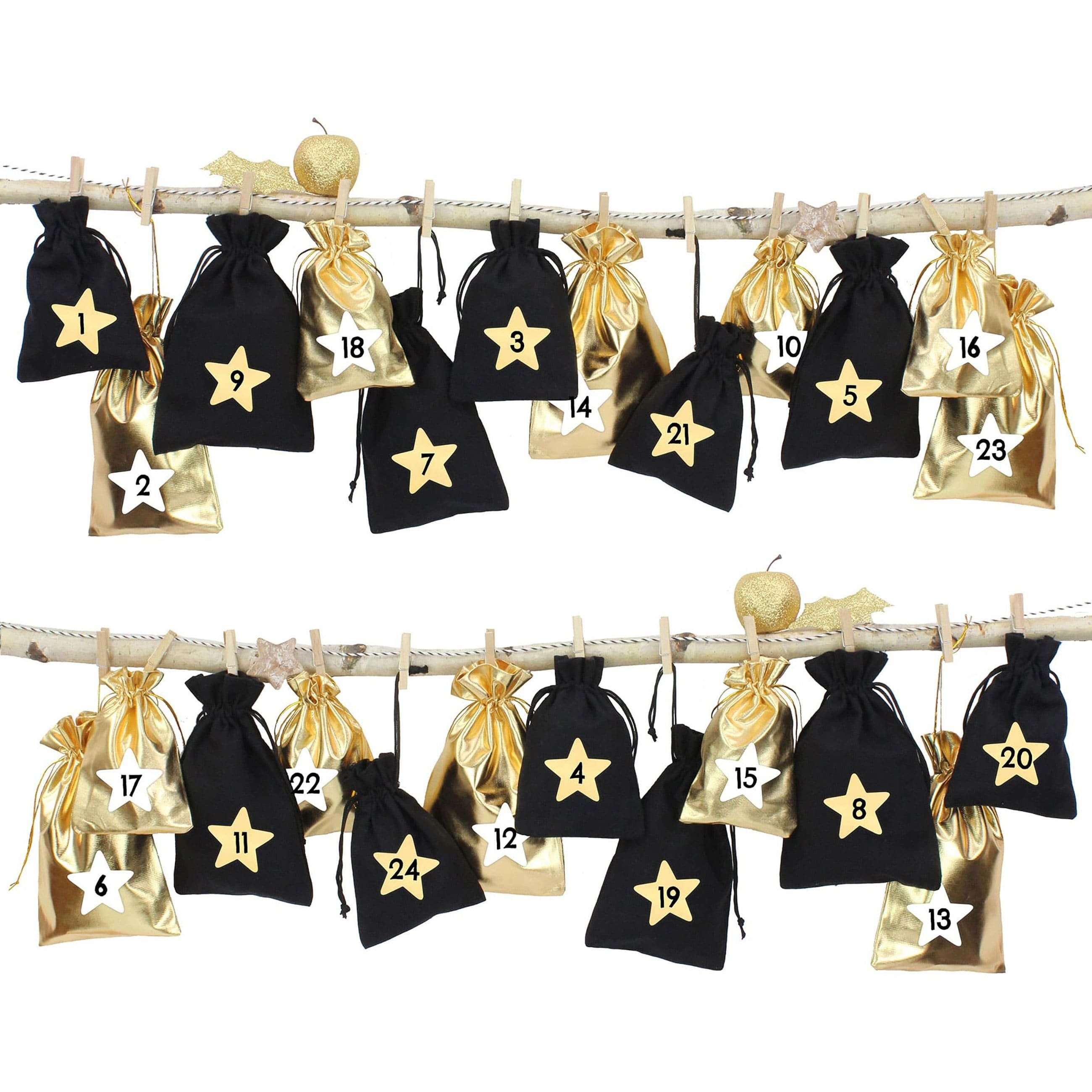 PAPIERDRACHEN befüllbarer Adventskalender Papierdrachen 24 Adventskalender Stoffsäckchen zum Befüllen, inkl. Bäckergarn, Holzklammern und 24 Zahlenaufklebern