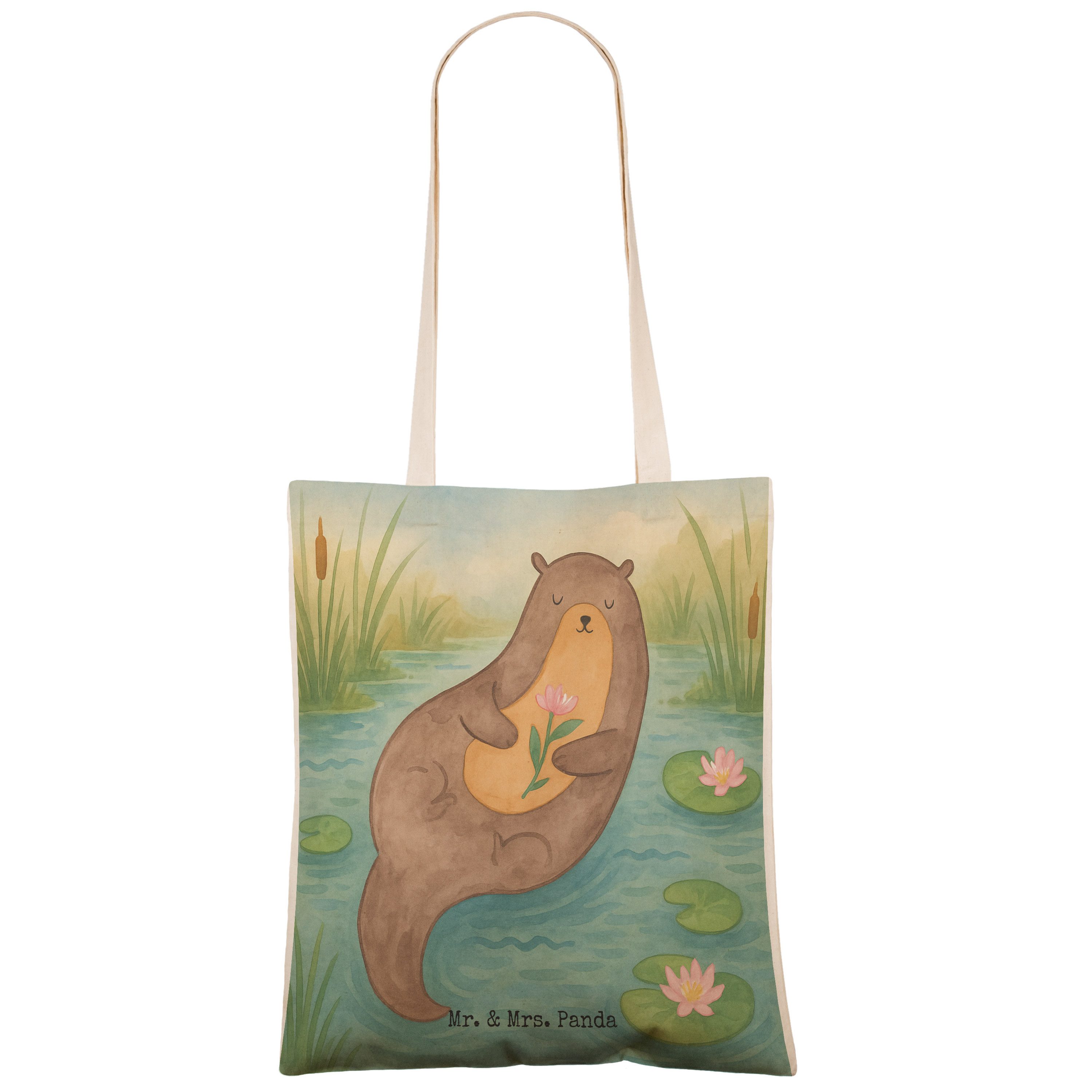 Mr. & Mrs. Panda Tragetasche Otter Seerose Design, Tote Bag, Weiß, Beuteltasche, glücklich, Wasser (Packung), Stofftragetasche Tragetasche Mit Spruch markttasche