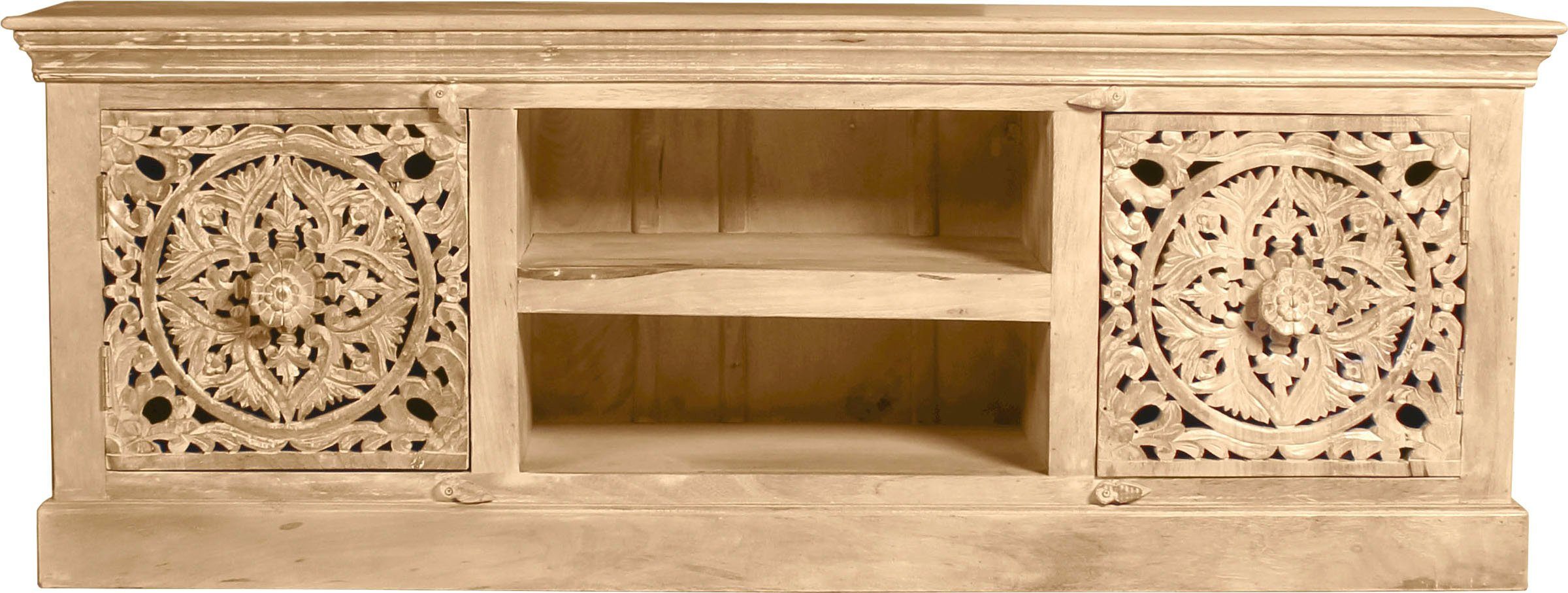 SIT Lowboard Dmanisi aus Mangoholz mit 2 Türen und 2 offenen Fächern, TV-Lowboard mit 2 Kabellöchern und aufwändigen Schnitzereien