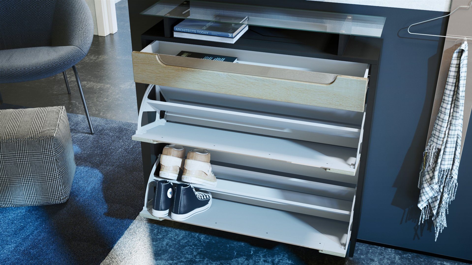 Vladon Schuhschrank Annie (Schuhkipper für 16 Paar Schuhe, mit 2 Klappen, 1 Schublade und Glasablage) Schwarz matt/Brombeer Hochglanz/Weiß Hochglanz (89 x 96 x 23 cm)