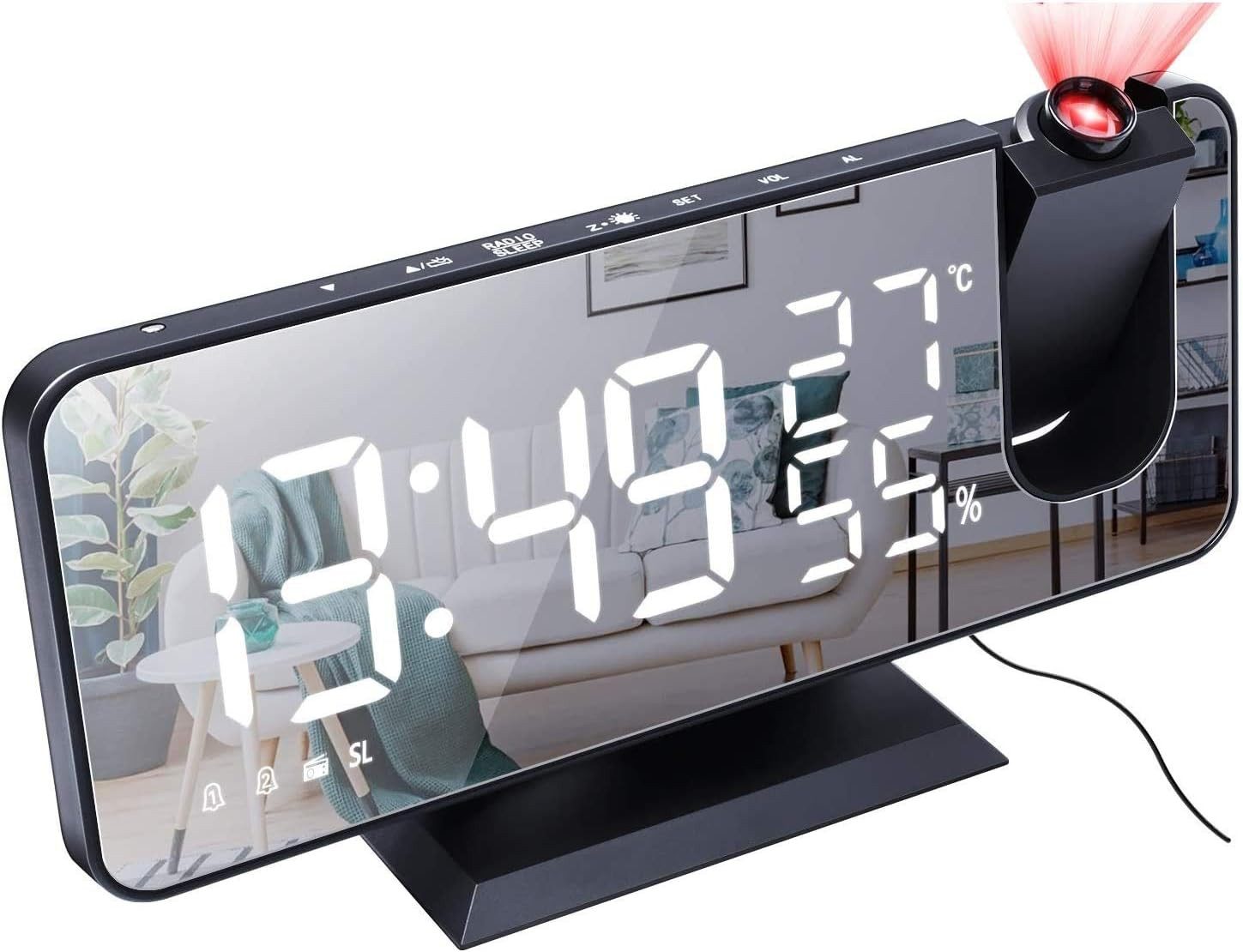 POPOLIC Projektionswecker Radio-Projektionswecker mit Temperatur- und Feuchtigkeitsanzeige elektronischer Wecker – Geschenkidee in Schwarz-Schwarz