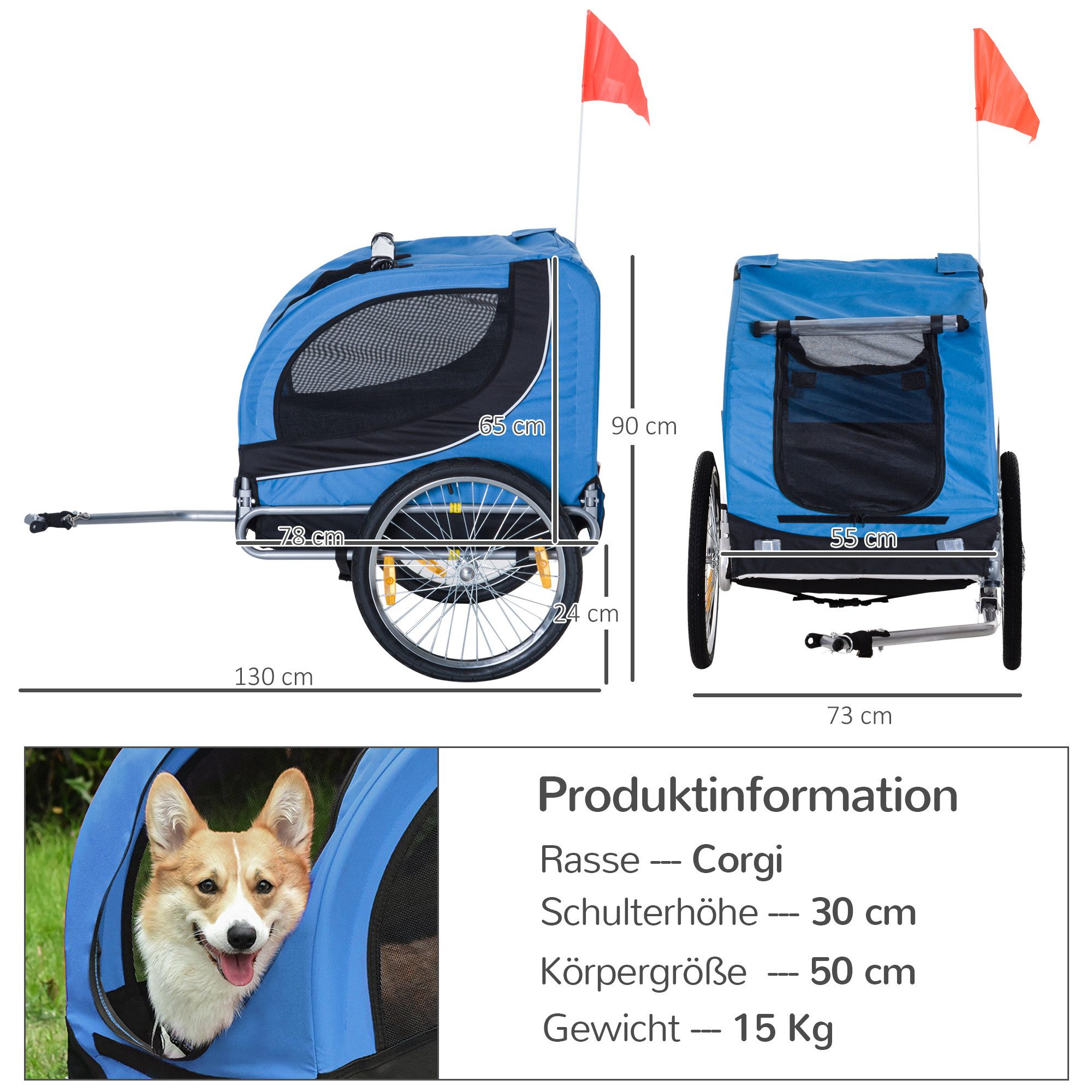 PawHut Fahrradhundeanhänger mit Universalkupplung, Hundeanhänger, Fahrrad, klappbar Fahne, für Garten, Balkon, Blau+Schwarz