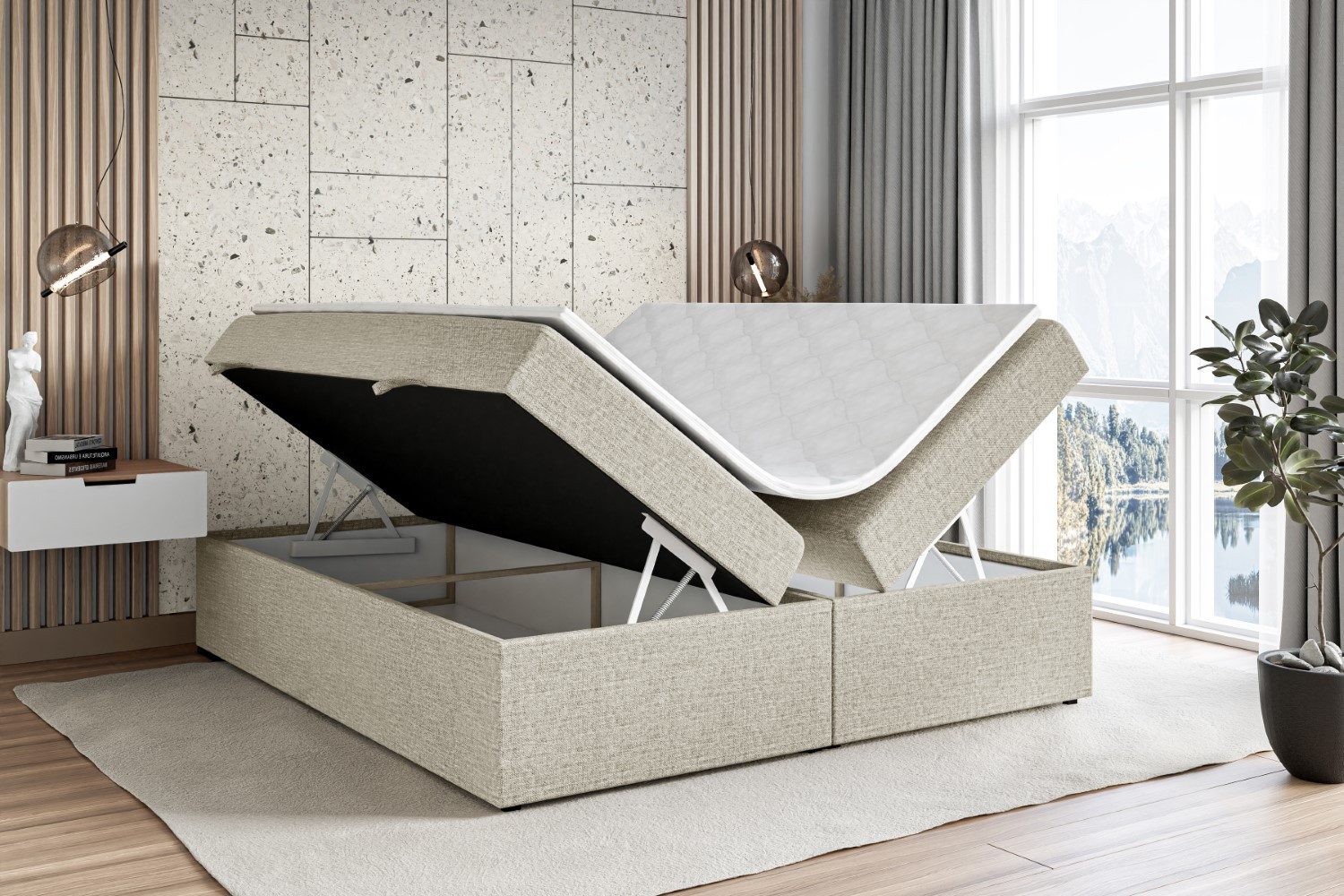 ALTDECOR Boxbett MARCE-BW (mit Matratze Lattenrost Topper Polsterbett mit Bettkasten Doppelbett), H4 Multipocket / H3 Bonellfederung, Springboxbett Boxspringbett
