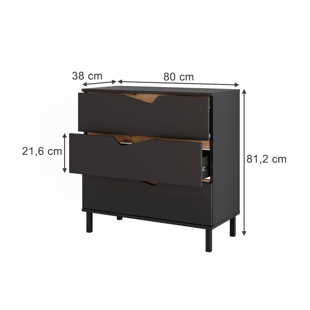 Vicco Kommode Marelle, Anthrazit/Artisan/Artisan, 80 x 81.2 cm mit 3 Schubladen (1 St)