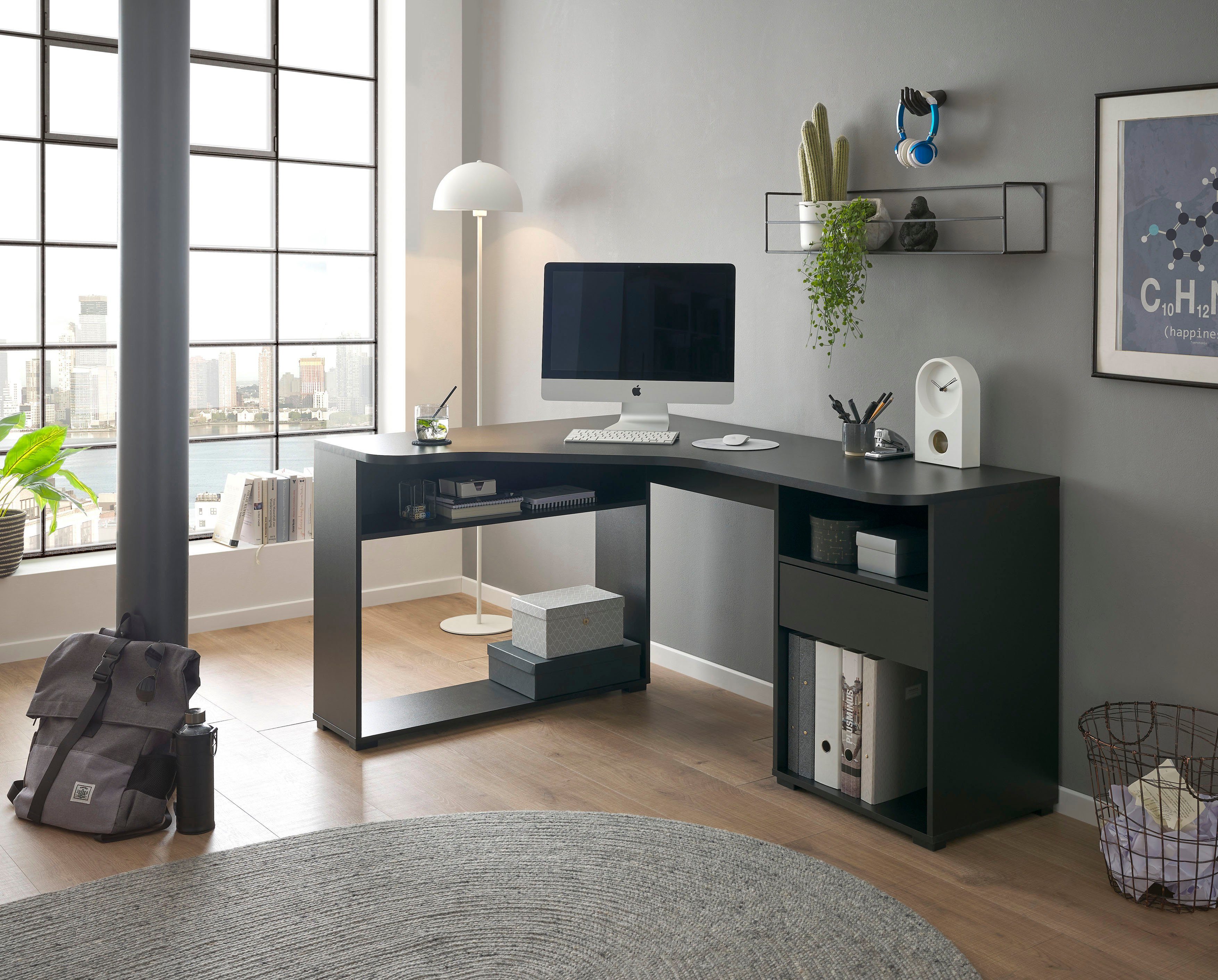 OFFICE BEGA Eckschreibtisch und Schublade mit schwarz Ablagefächer BC3155,