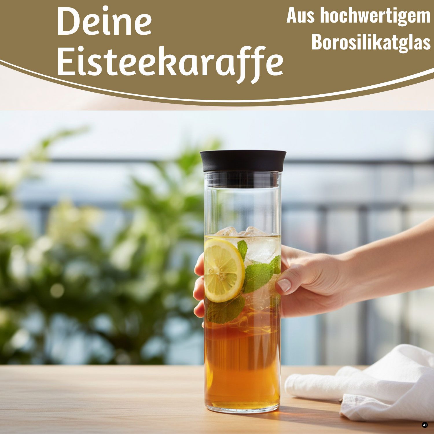 LS-LebenStil Wasserkaraffe 1x Glas Wasserflasche 1L Borosilikatglas Flasche Karaffe mit Deckel, (mit Silikon Deckel und integriertem Sieb, Glaskaraffe Trinkflas – Bild 3 von 5