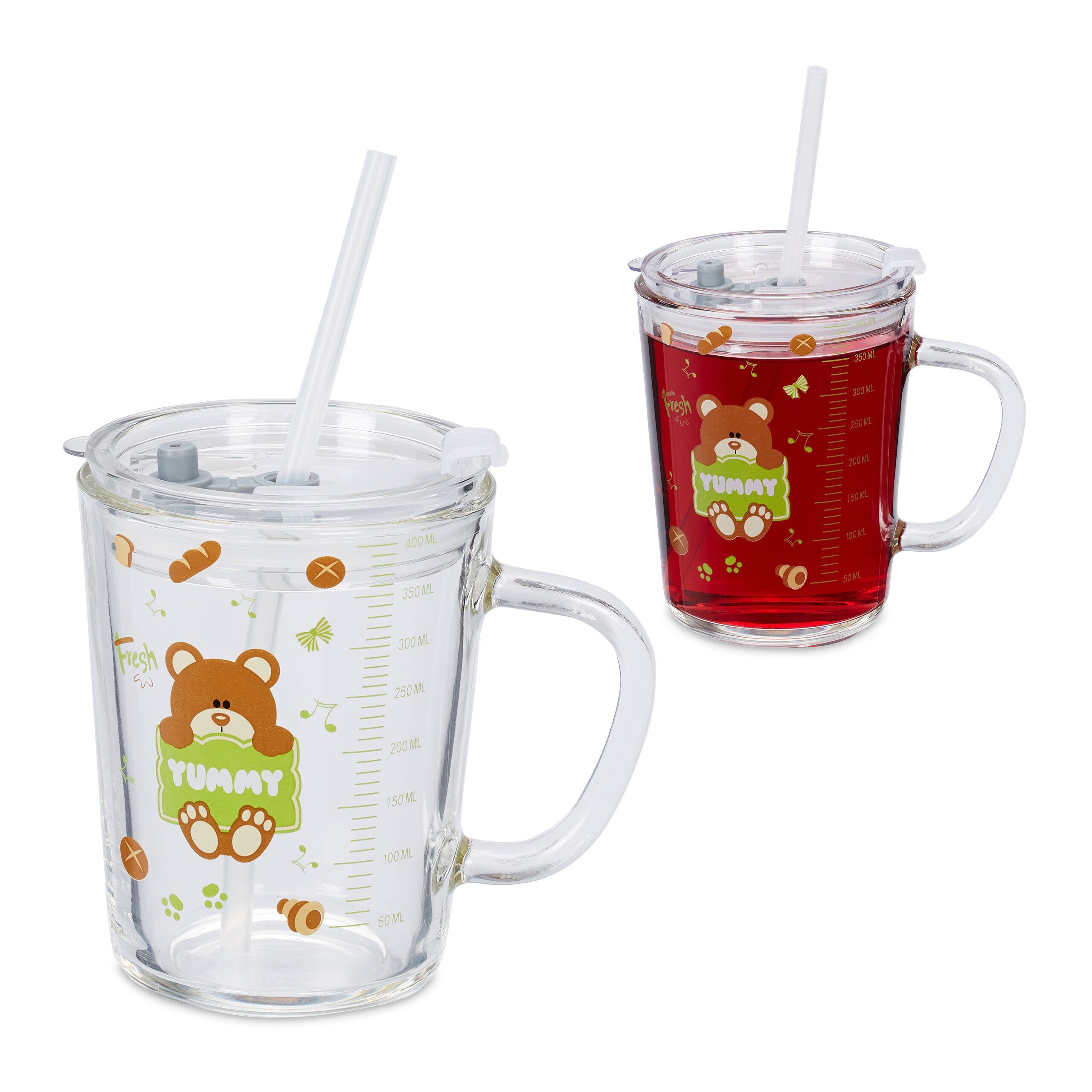 relaxdays Kinderbecher 2er Set Kindergläser mit Bärenmotiv, 2-tlg., Glas