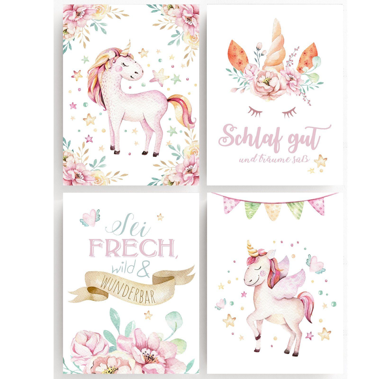 homestyle-accessoires Poster Bilderset Kinderbilder EINHORN UNICORN - SEI WUNDERBAR 4er SET DIN A4 ODER DIN A3 Prints --- VERSANDKOSTENFREI ---, Ohne Bilderrahmen