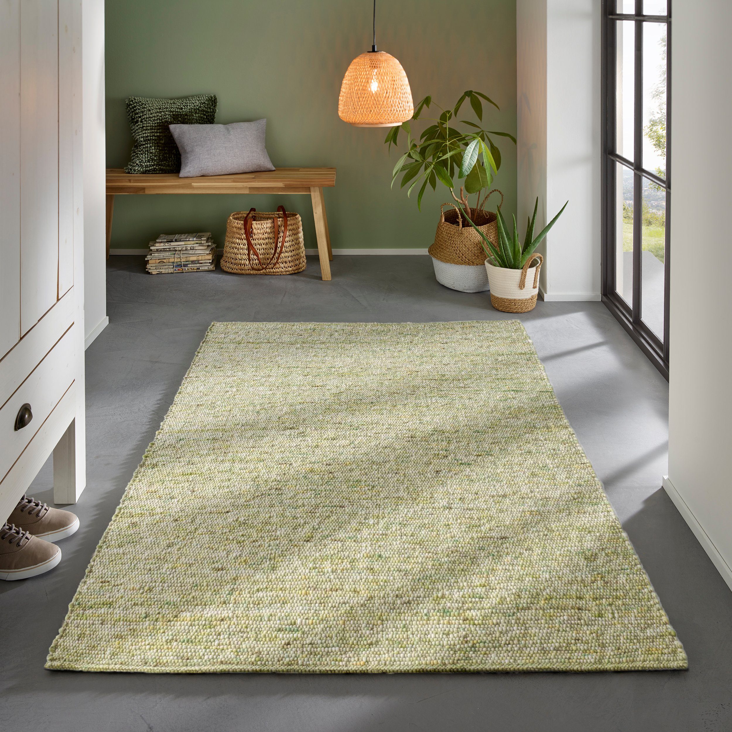TaCa Home Wollteppich Gewalkter Handweb Woll-Teppich, rechteckig, Höhe: 8 mm, nachhaltige Schurwolle Wohnzimmer Schlafzimmer, Grün - 90 x 160 cm