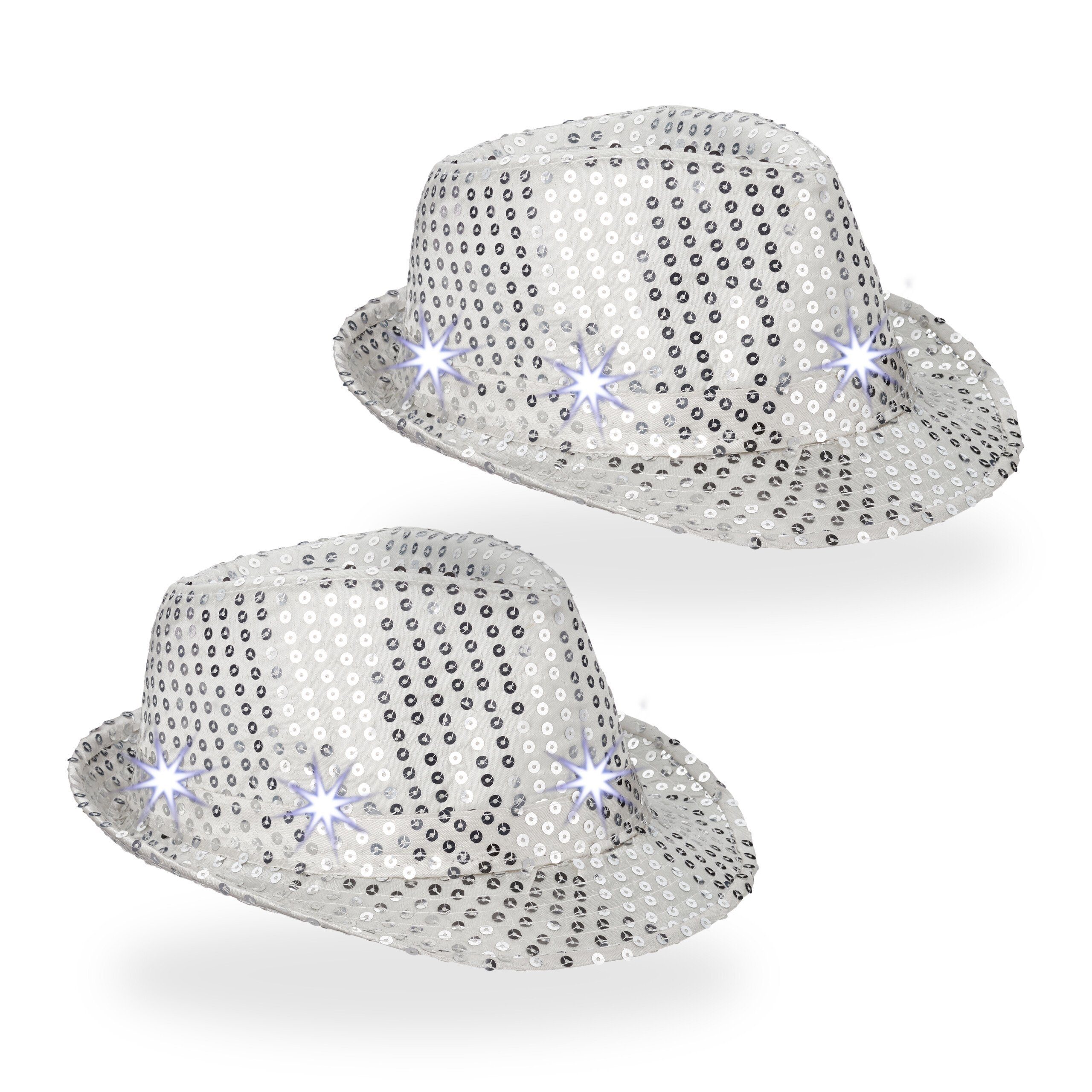 relaxdays Trilby Pailletten Hüte LED 2er Set Silber