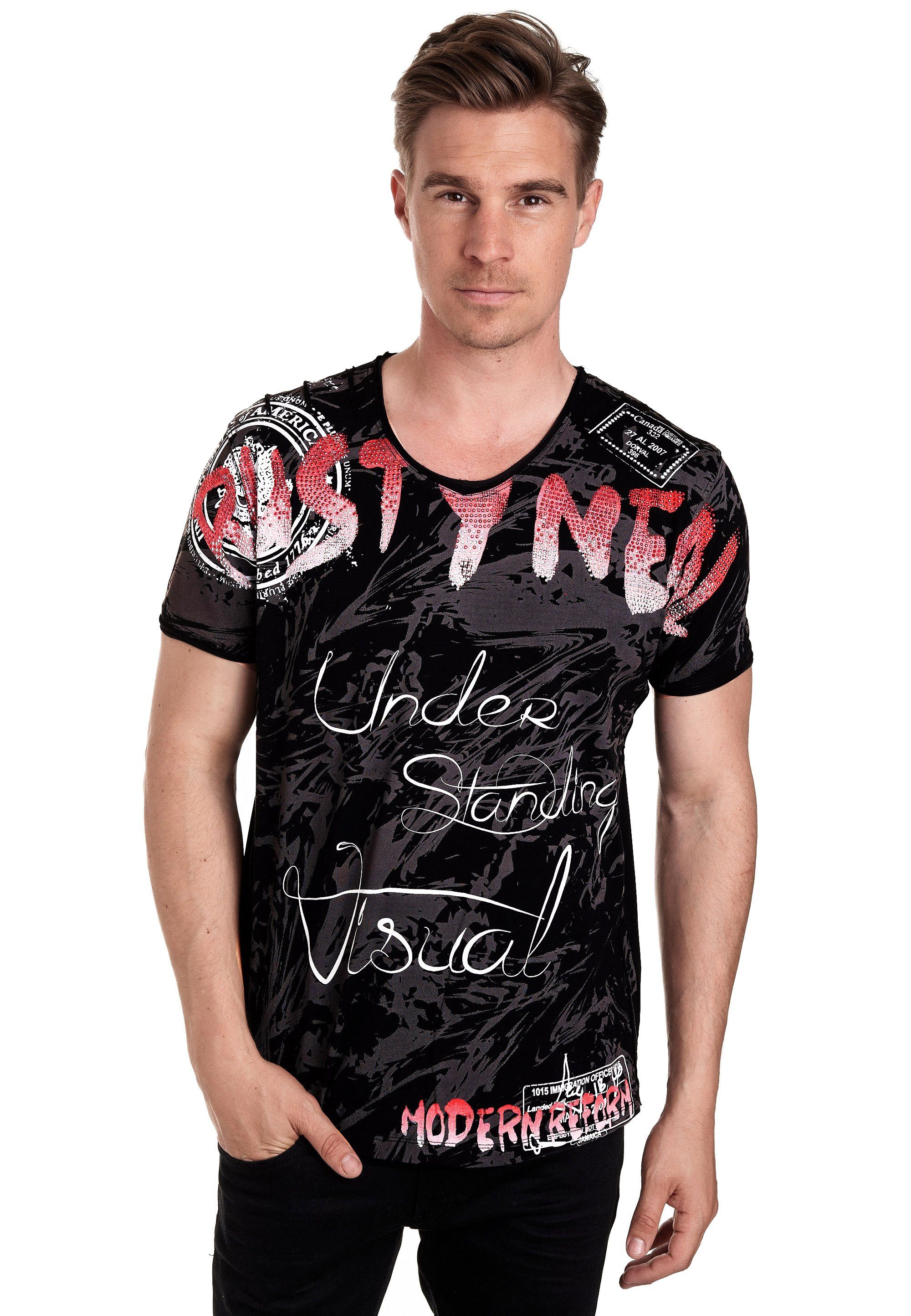 Rusty Neal T-Shirt mit aufwendigem Strass-Design schwarz